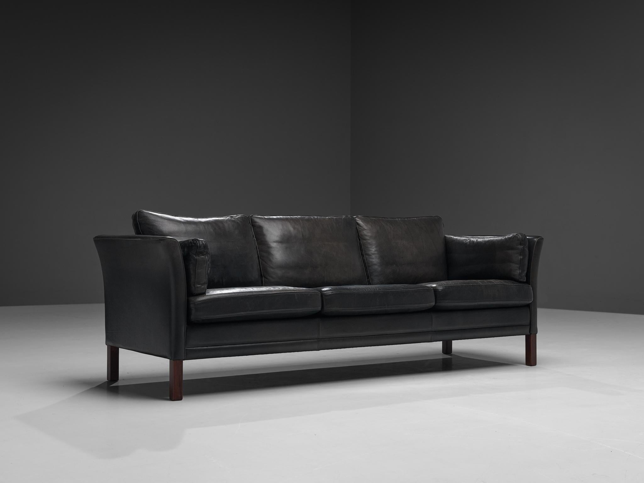 Mid-20th Century Danish Three Seat Sofa in Black Leather For Sale