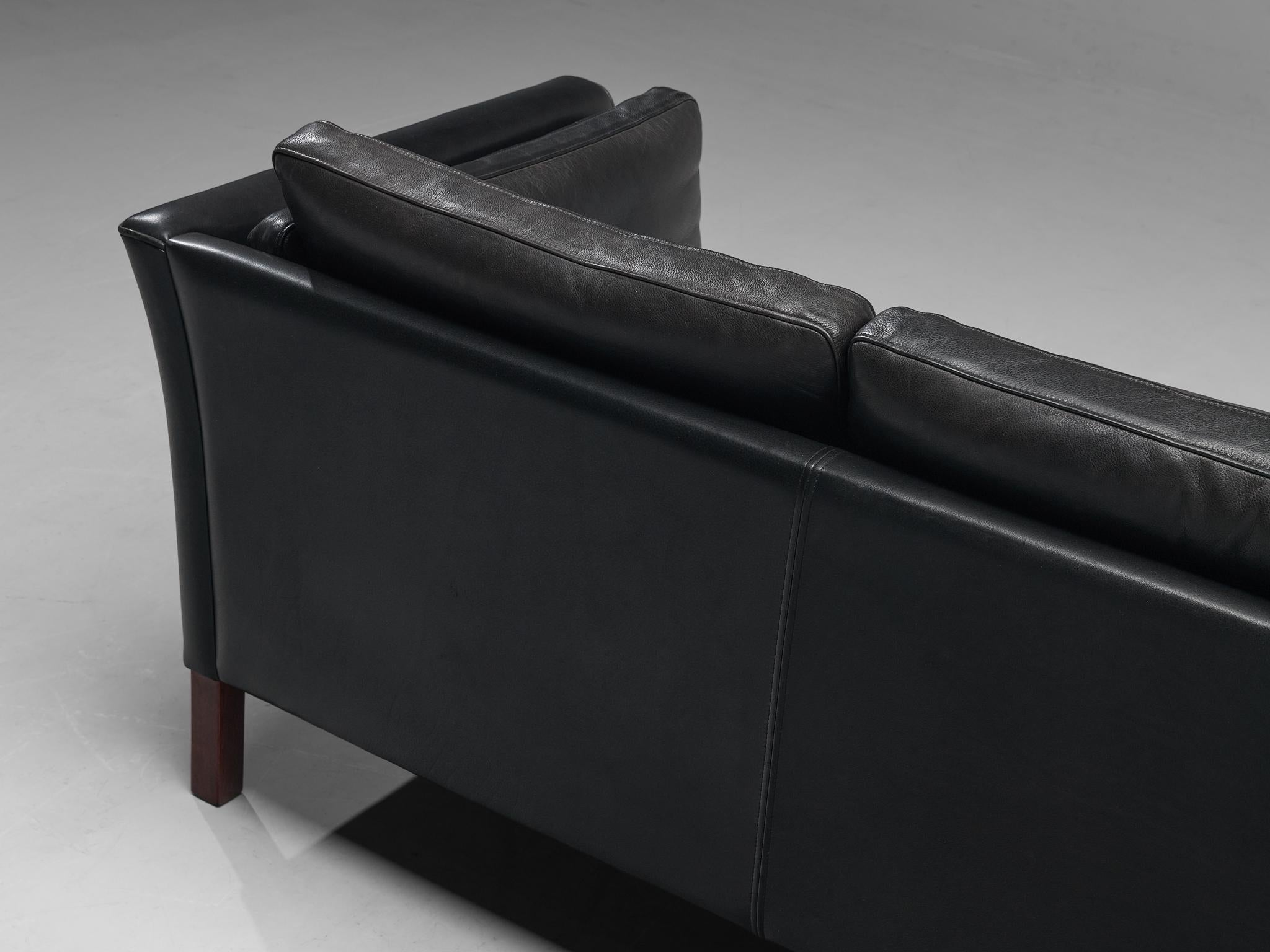 Danish Three Seat Sofa in Black Leather For Sale 1
