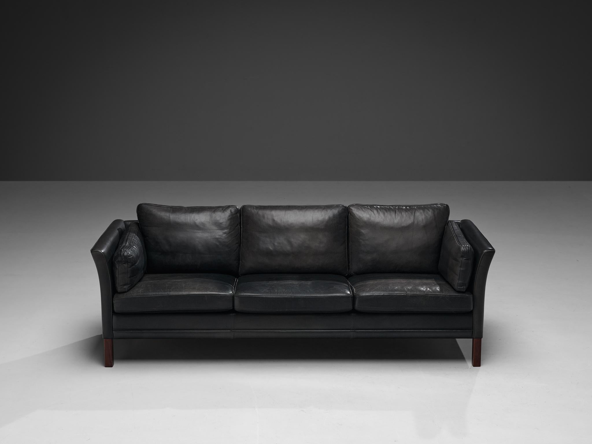 Danish Three Seat Sofa in Black Leather For Sale 2