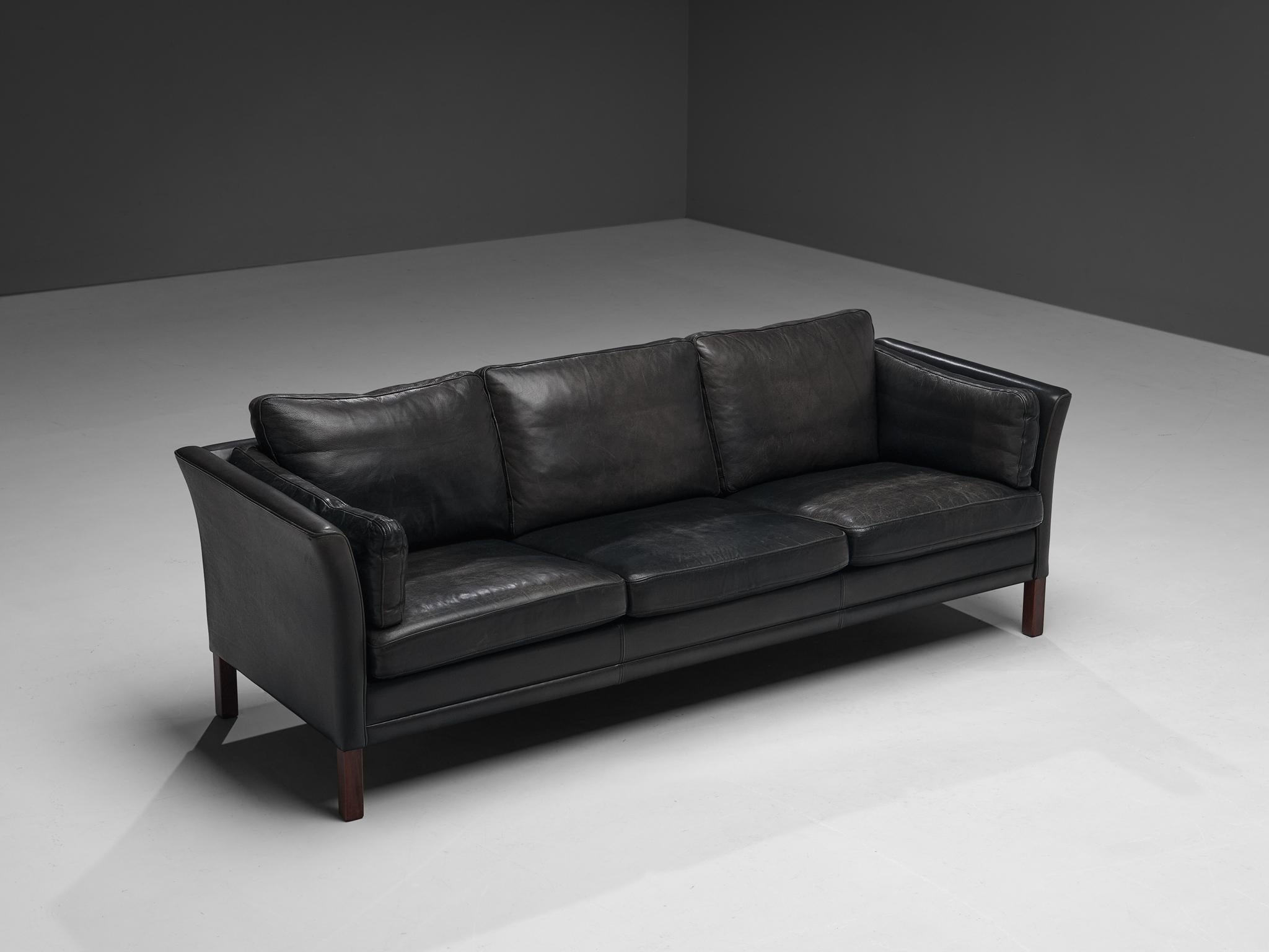 Danish Three Seat Sofa in Black Leather For Sale 4