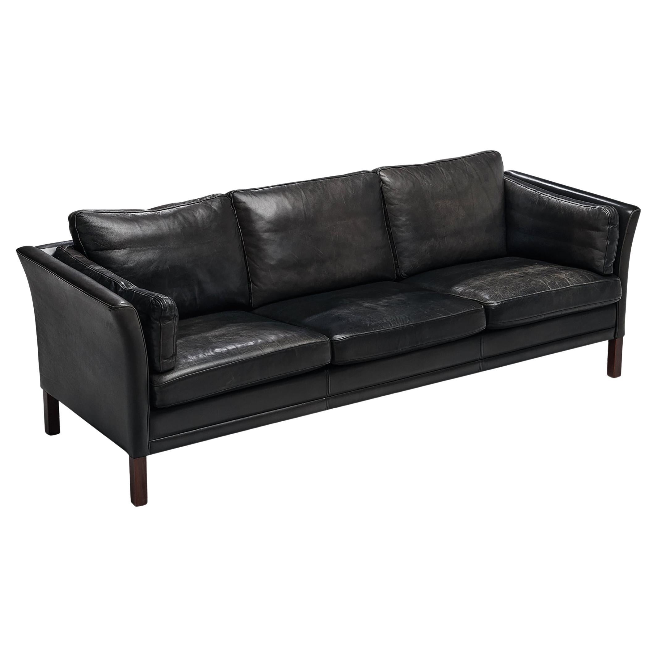 Danish Three Seat Sofa in Black Leather For Sale