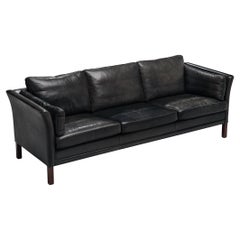 Danish Three Seat Sofa in Black Leather