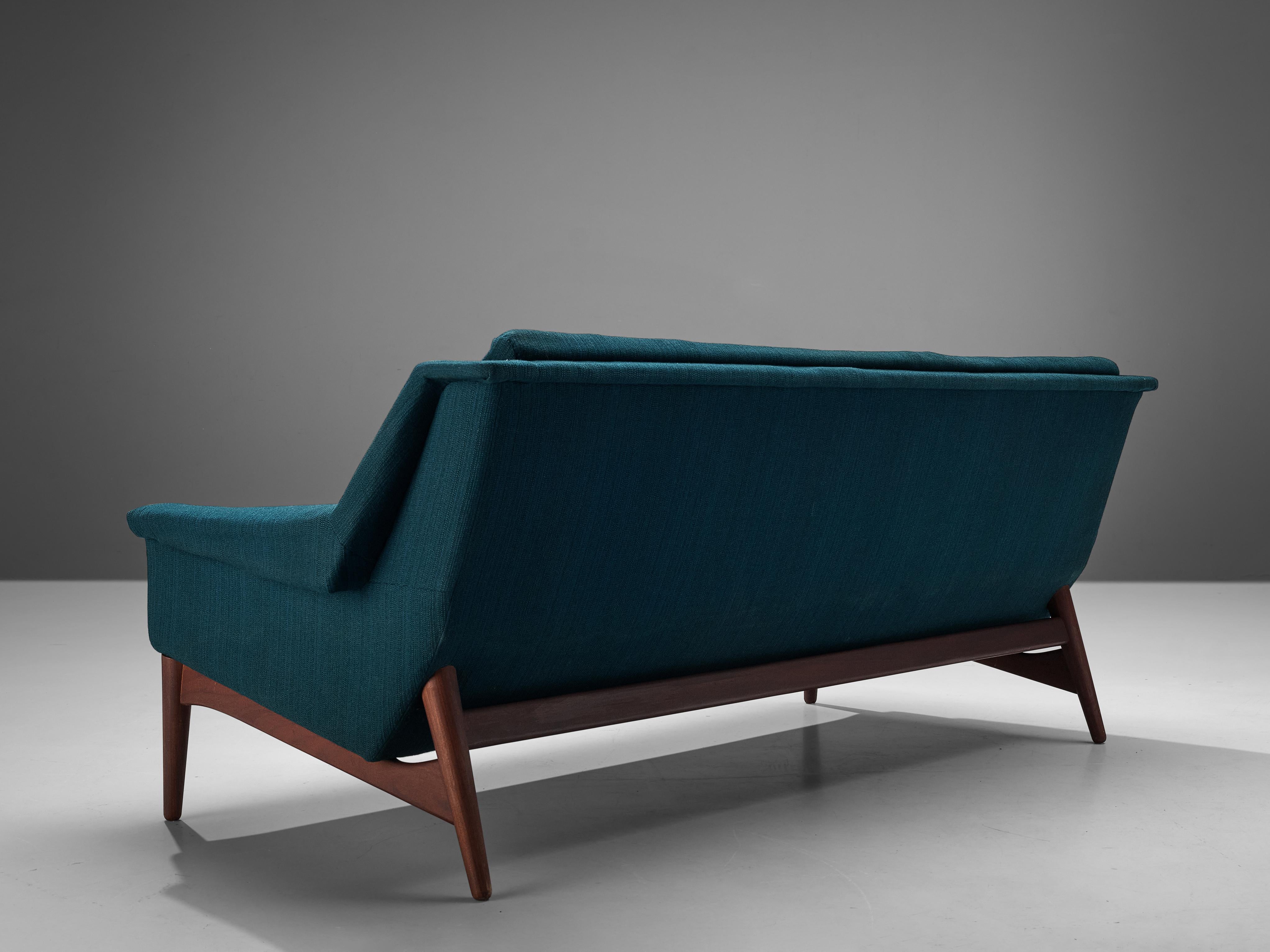 Dänisches Dreisitzer-Sofa aus Teakholz mit grünblauer Polsterung im Angebot 4