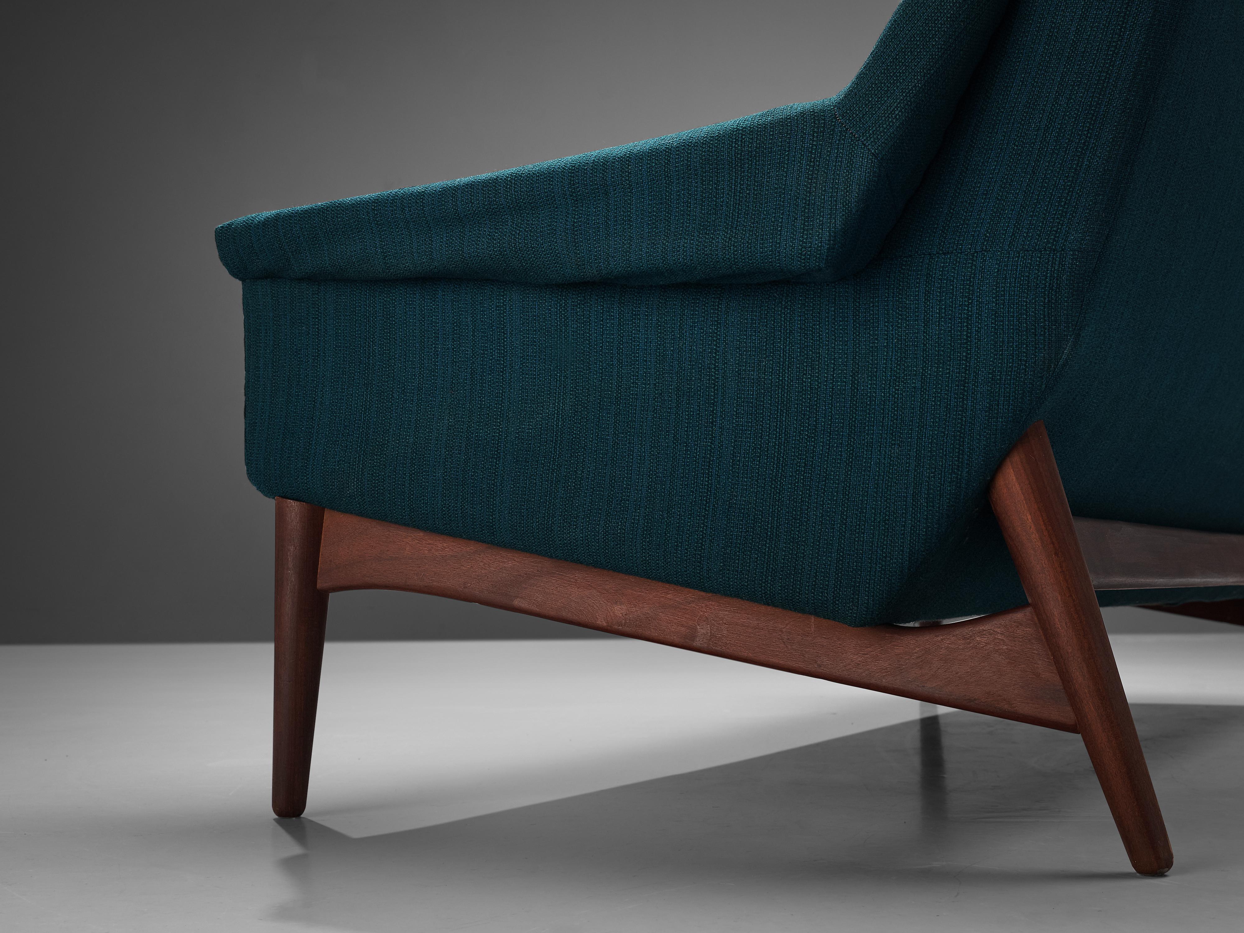 Dänisches Dreisitzer-Sofa aus Teakholz mit grünblauer Polsterung im Angebot 1