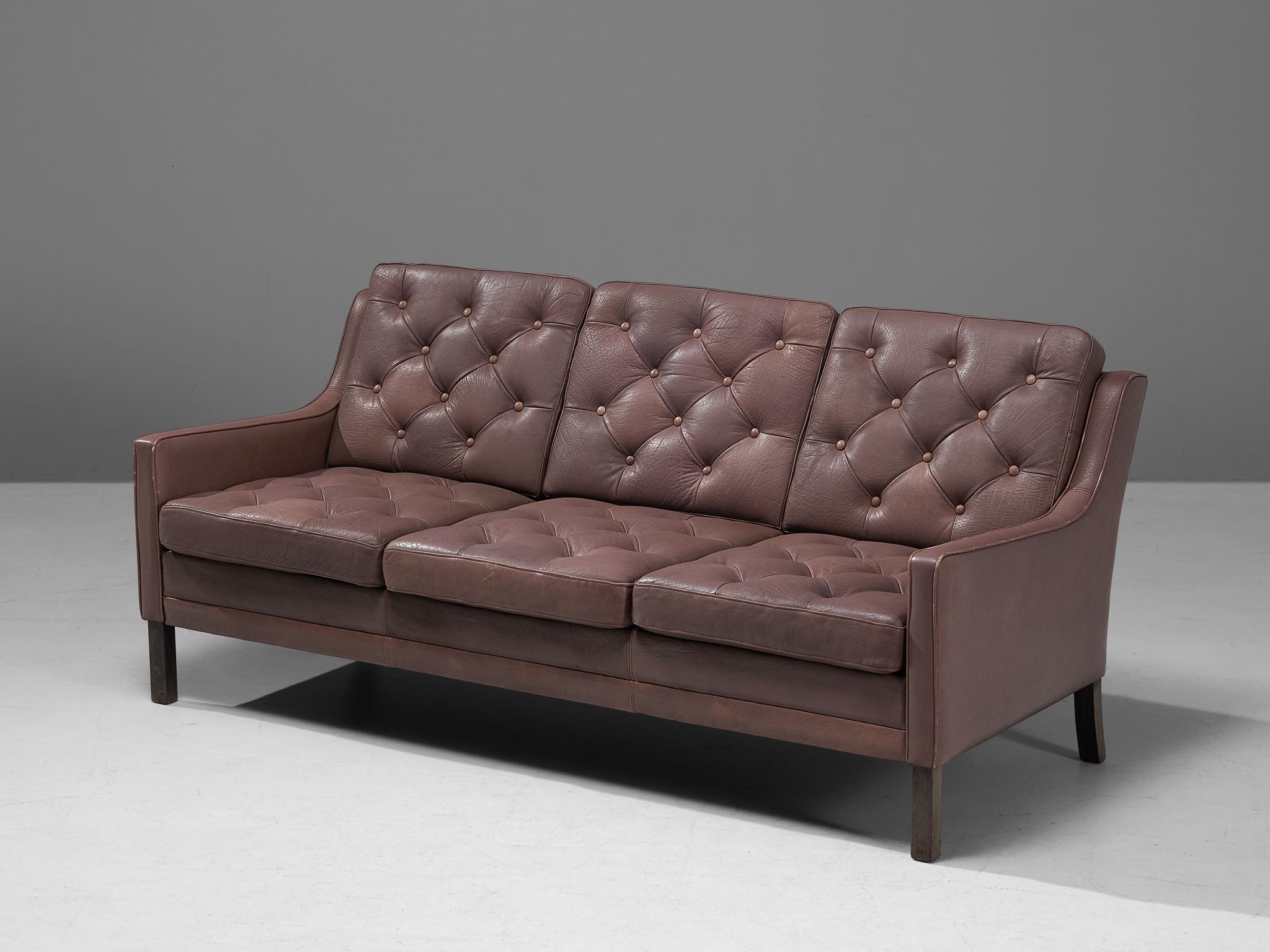 Scandinavian Modern Danish Three Seat Sofa in Rosy Brown Leather For Sale