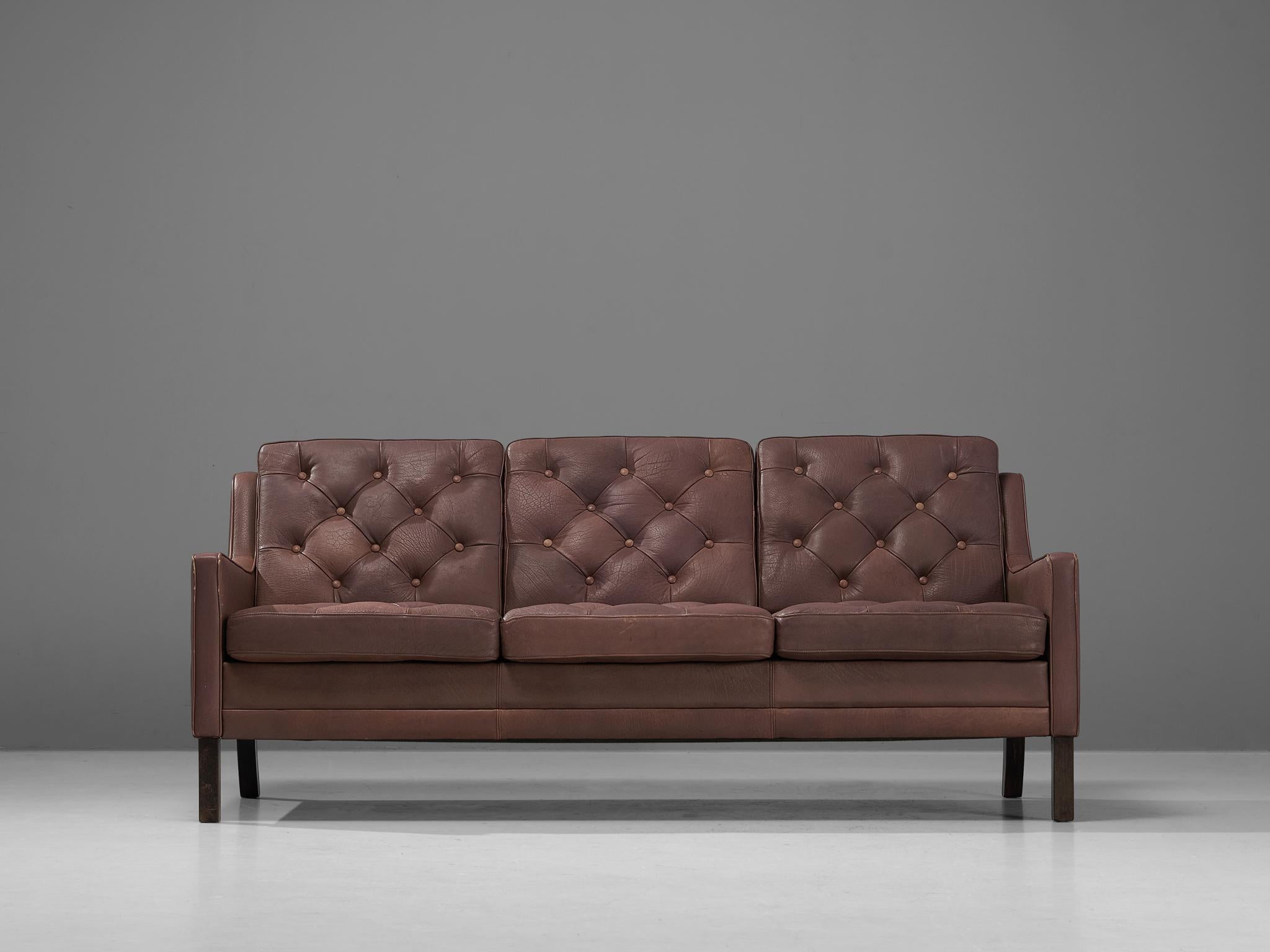Danish Three Seat Sofa in Rosy Brown Leather In Good Condition For Sale In Waalwijk, NL