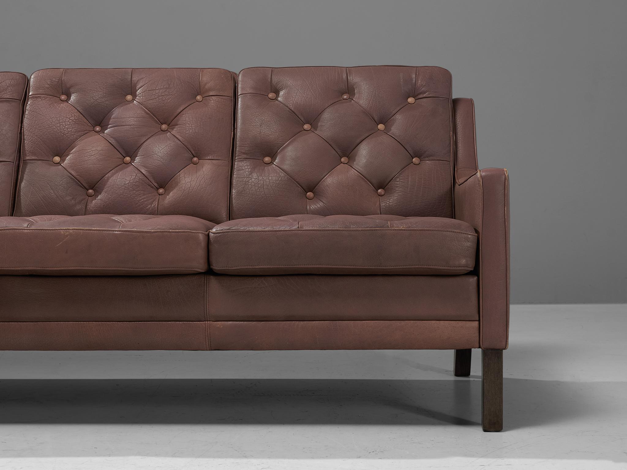 Mid-20th Century Danish Three Seat Sofa in Rosy Brown Leather For Sale