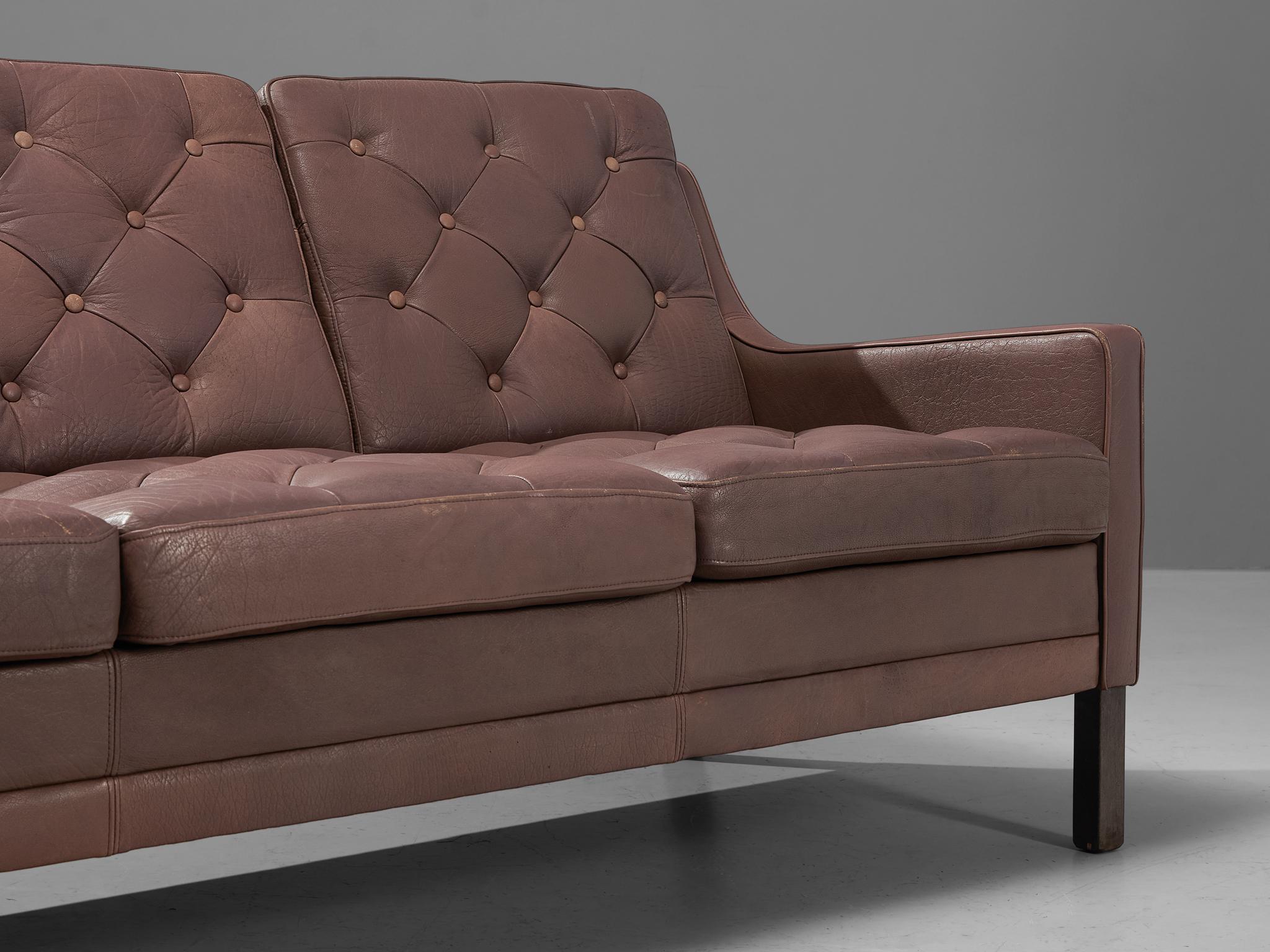 Danish Three Seat Sofa in Rosy Brown Leather For Sale 1