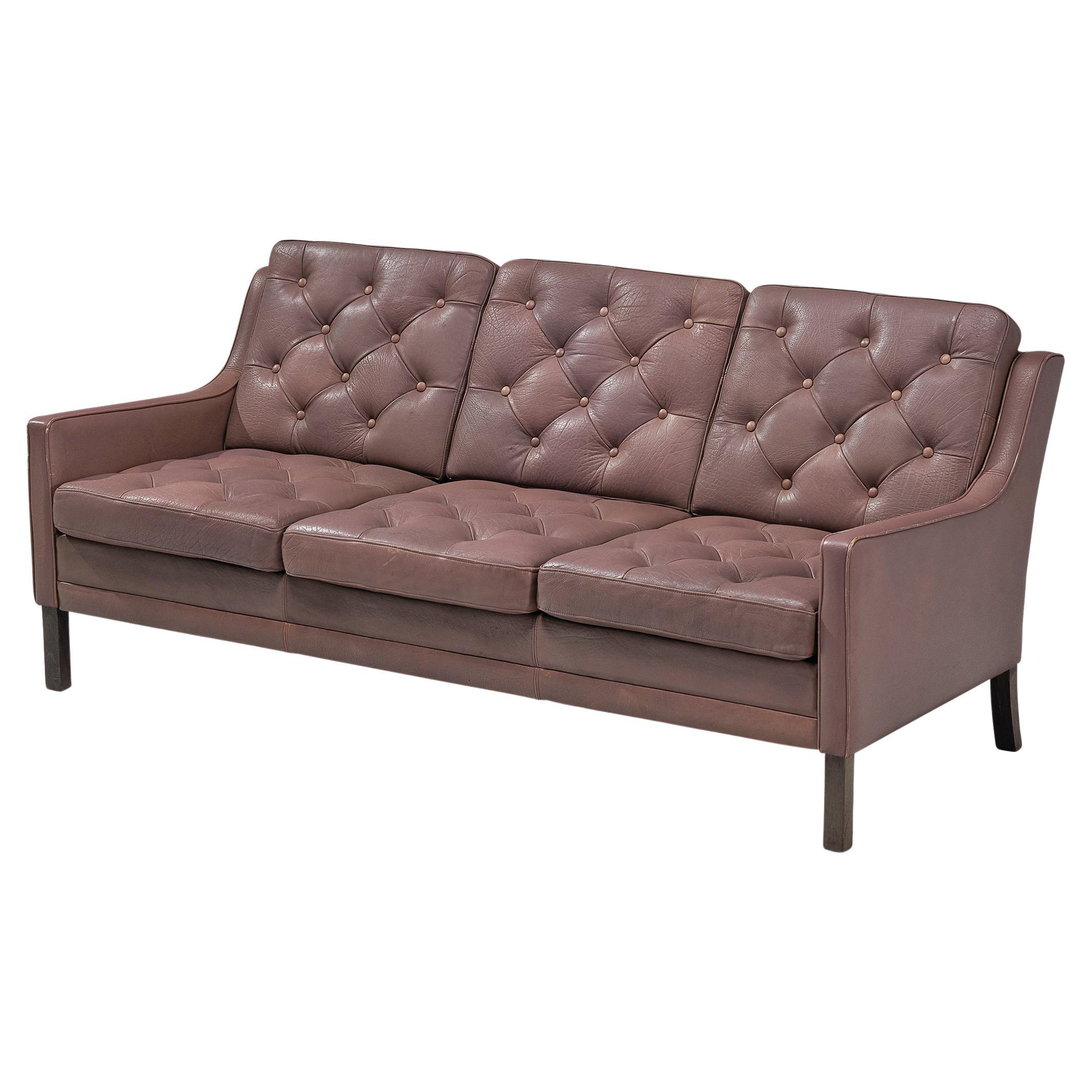 Danish Three Seat Sofa in Rosy Brown Leather For Sale at 1stDibs