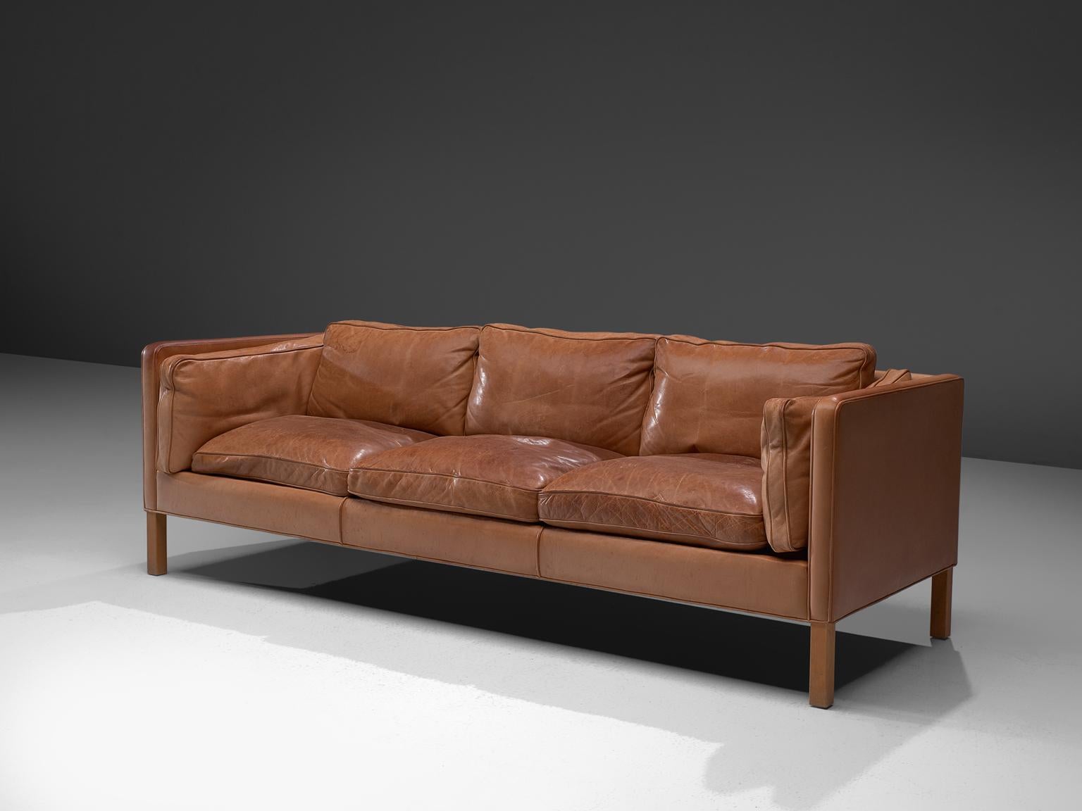 Scandinavian Modern Danish Three-Seat Sofa in Cognac Leather and Oak