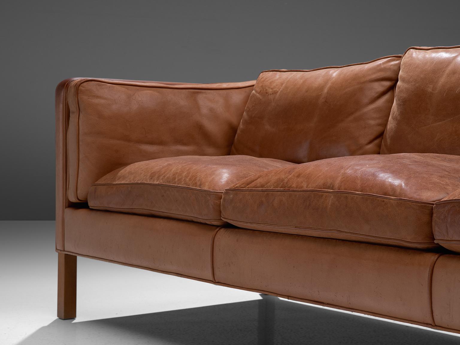 Danish Three-Seat Sofa in Cognac Leather and Oak 1
