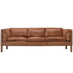 Danish Three-Seat Sofa in Cognac Leather and Oak