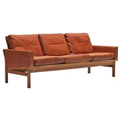Danish Three-Seat Sofa in Cognac Leather and Oak