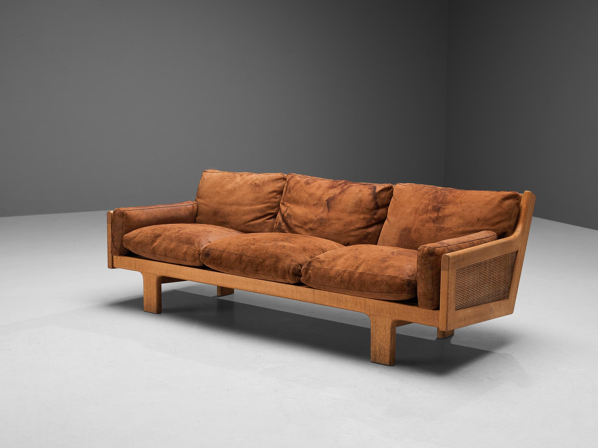 Scandinavian Modern Danish Three Seat Sofa in Oak and Cognac Leather