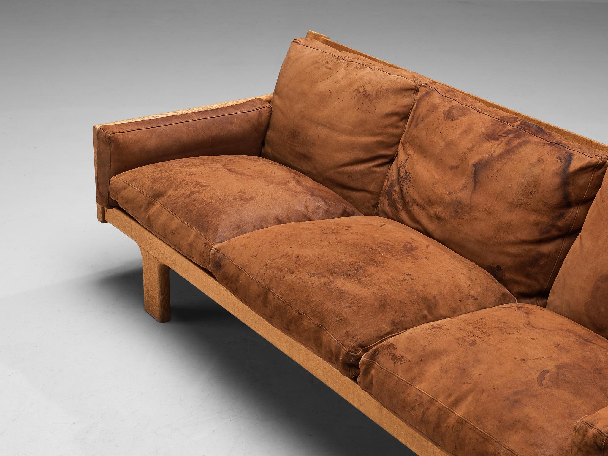 Danish Three Seat Sofa in Oak and Cognac Leather In Good Condition In Waalwijk, NL