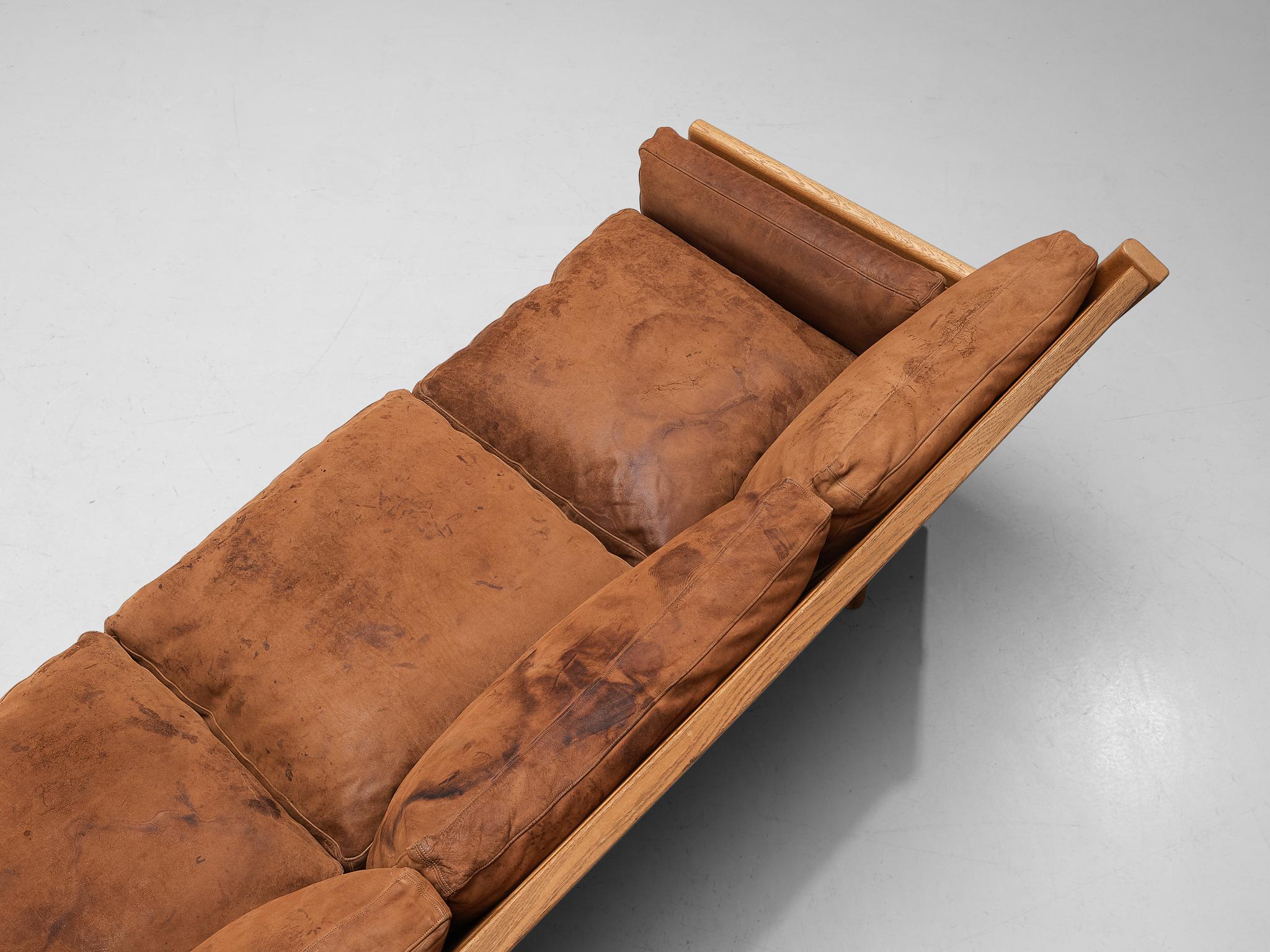 Danish Three Seat Sofa in Oak and Cognac Leather 4