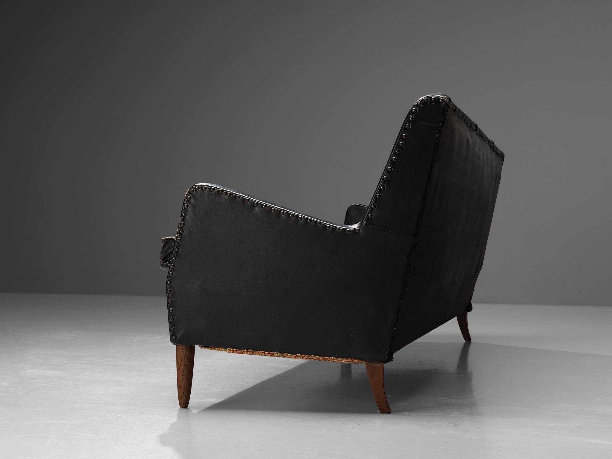 Scandinavian Modern Danish Sofa in Original Black Leather and Oak  For Sale