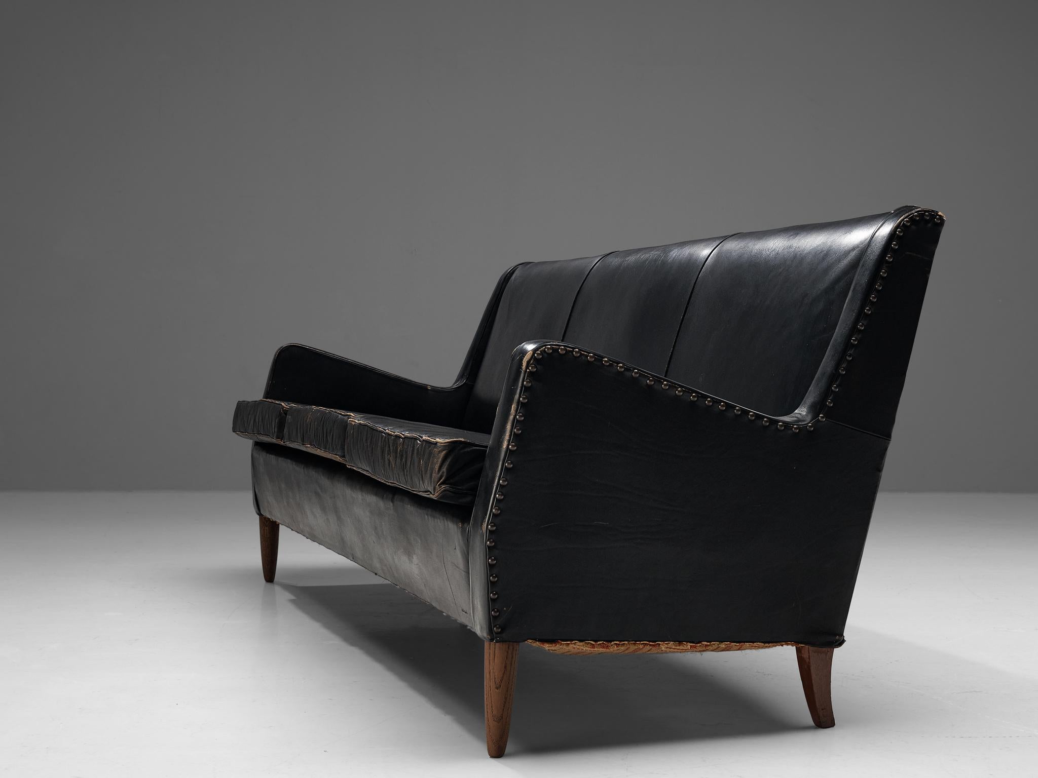 Mid-20th Century Danish Sofa in Original Black Leather and Oak  For Sale