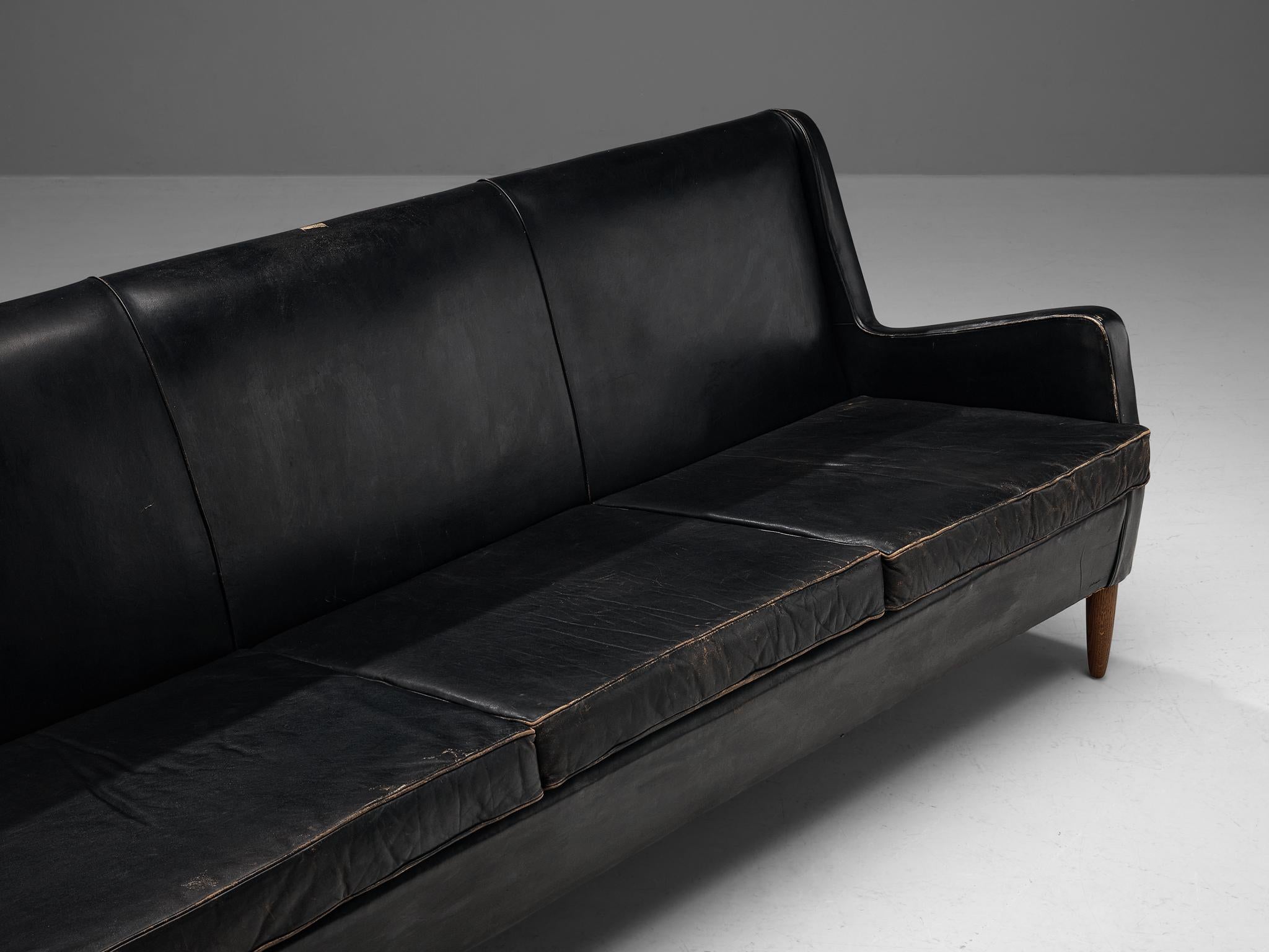 Brass Danish Sofa in Original Black Leather and Oak  For Sale