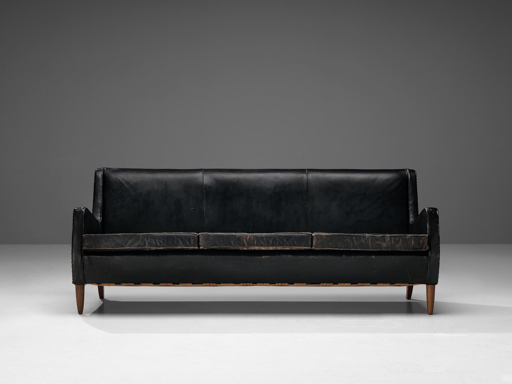 Danish Sofa in Original Black Leather and Oak  For Sale 1