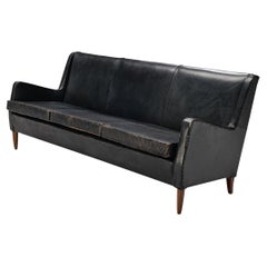 Danish Sofa in Original Black Leather and Oak
