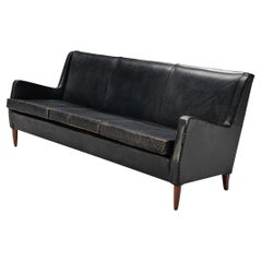 Vintage Danish Sofa in Original Black Leather and Oak 