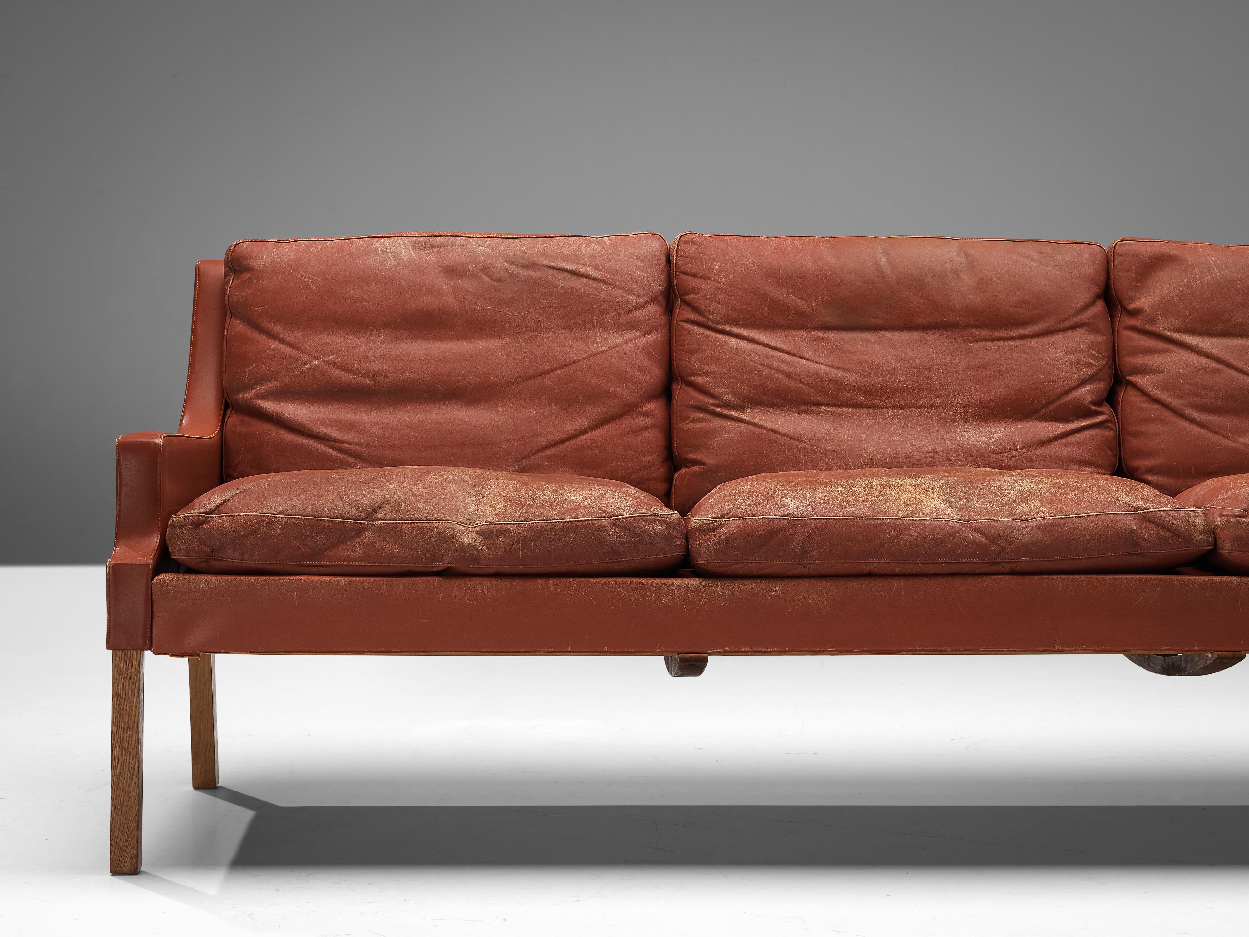 Scandinavian Modern Danish Three Seat Sofa in Red Brown Leather For Sale