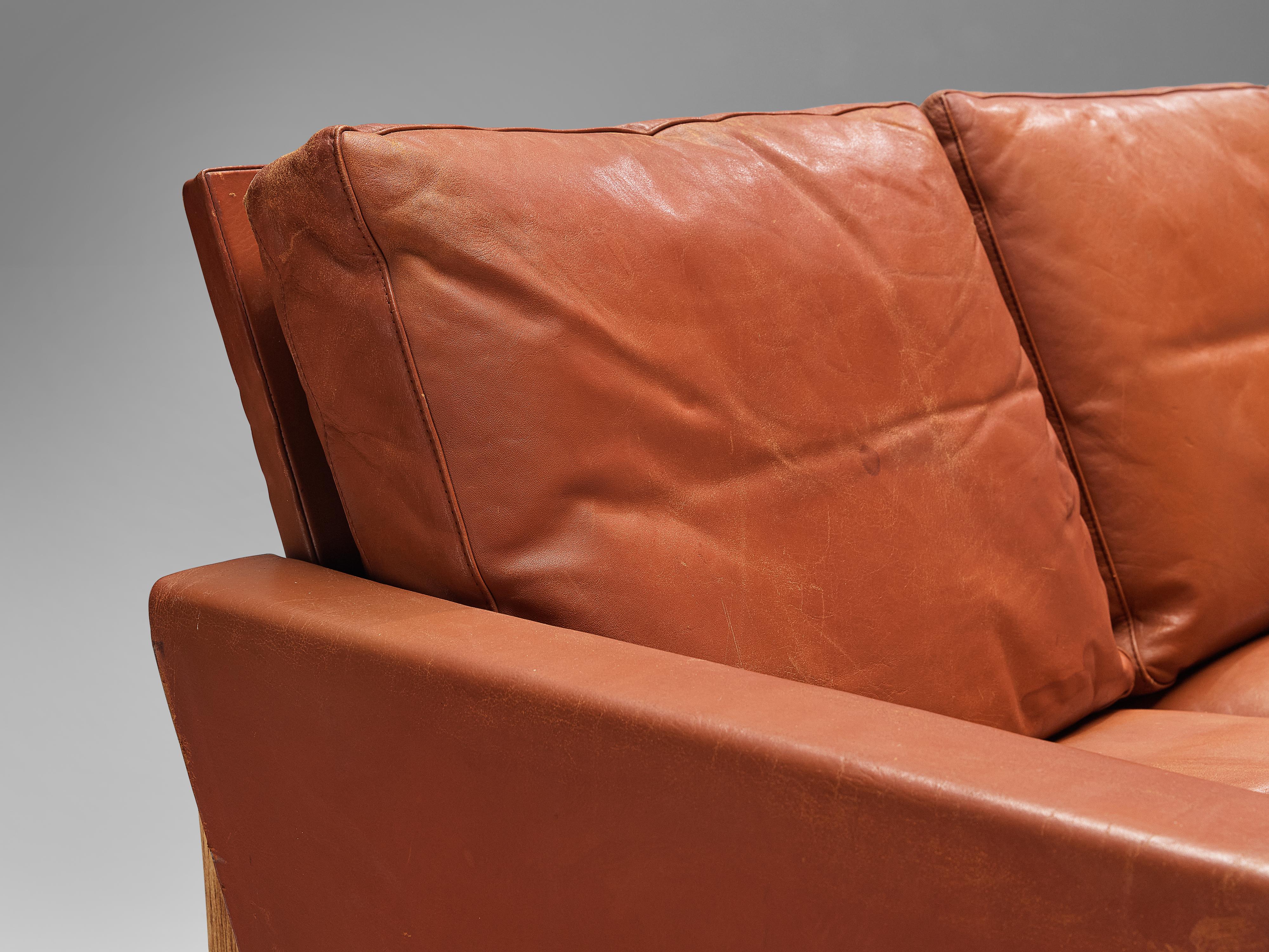 Scandinavian Modern Danish Three Seat Sofa in Red Brown Leather For Sale