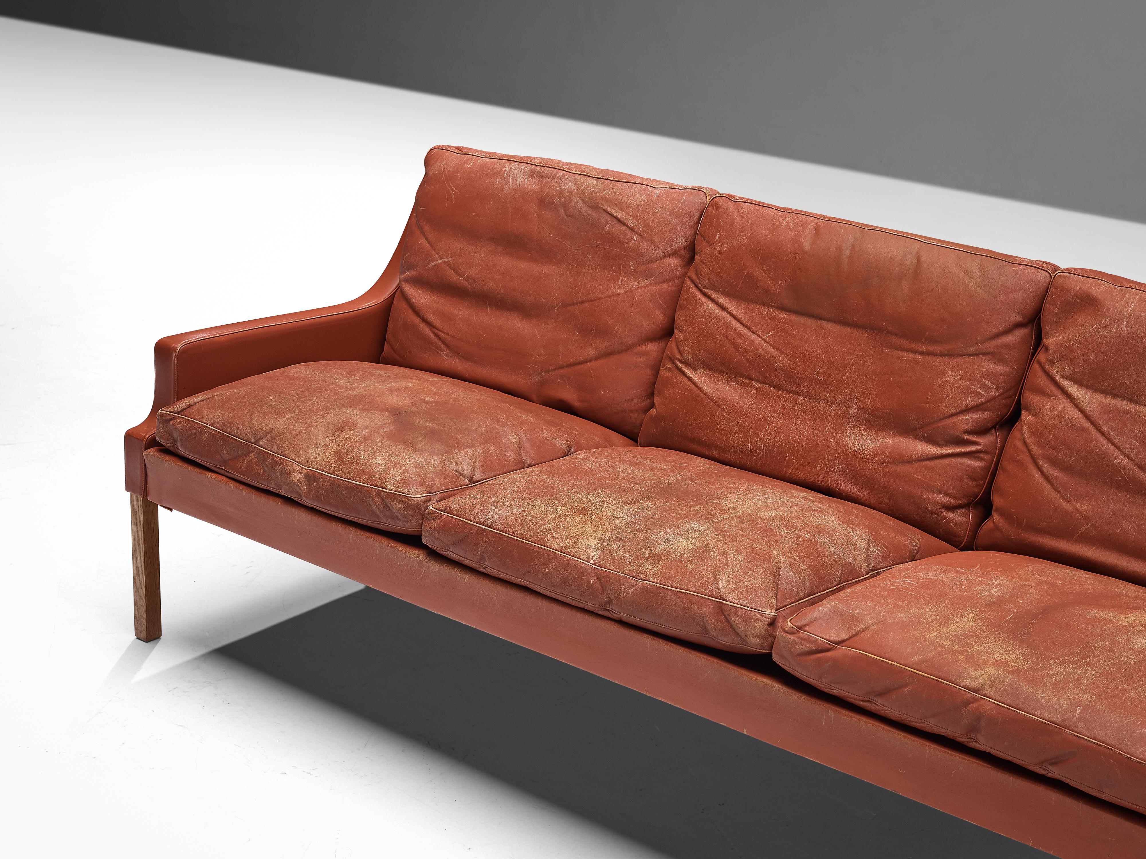Mid-20th Century Danish Three Seat Sofa in Red Brown Leather For Sale