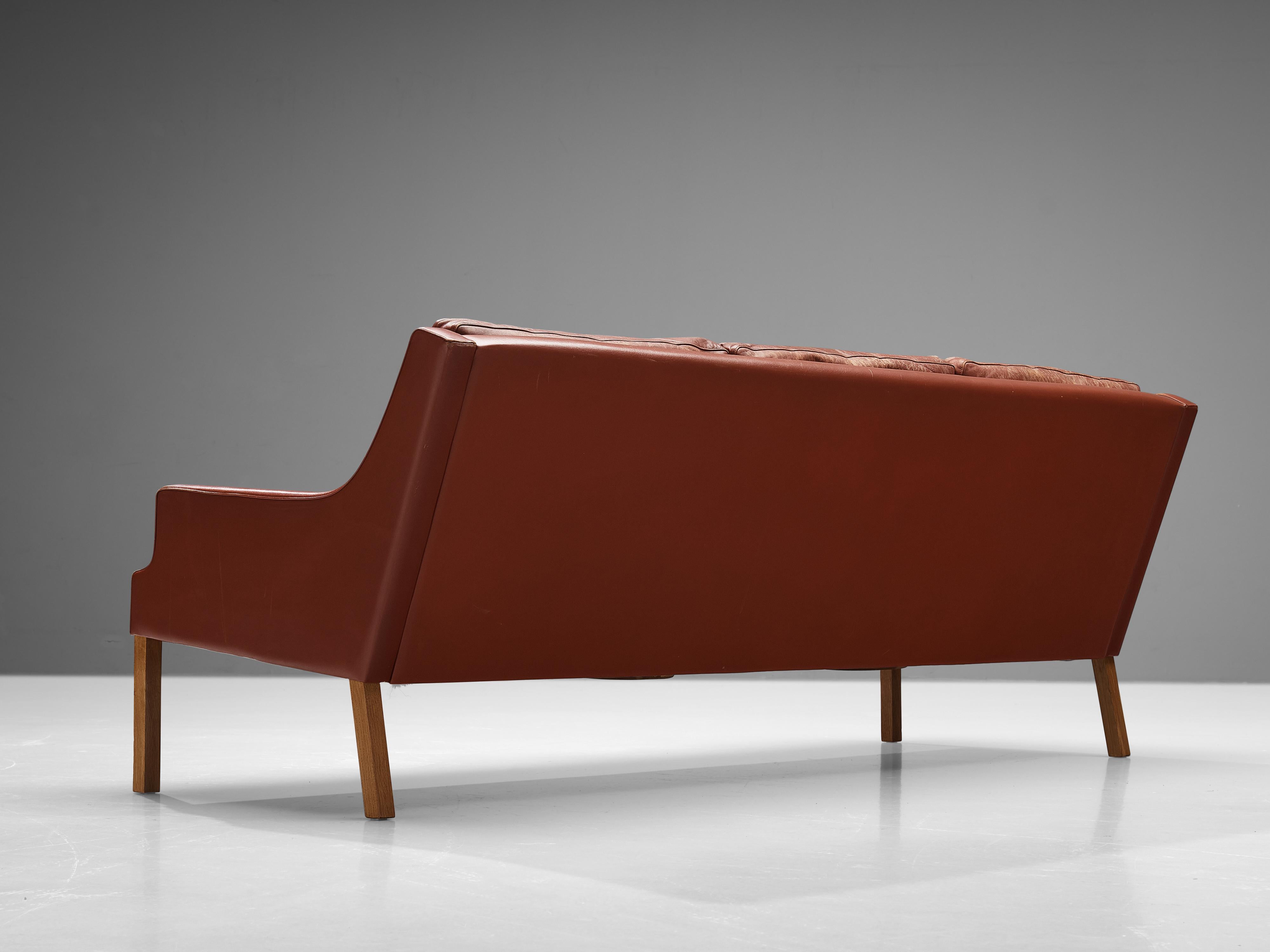 Danish Three Seat Sofa in Red Brown Leather For Sale 2