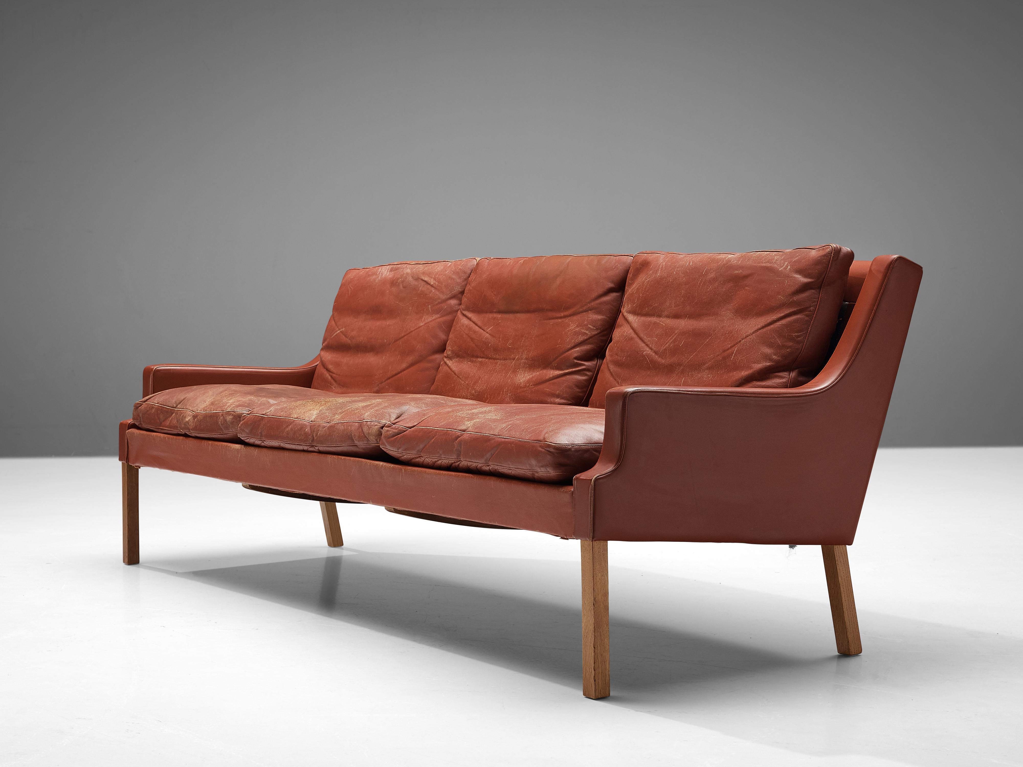 Danish Three Seat Sofa in Red Brown Leather For Sale 4