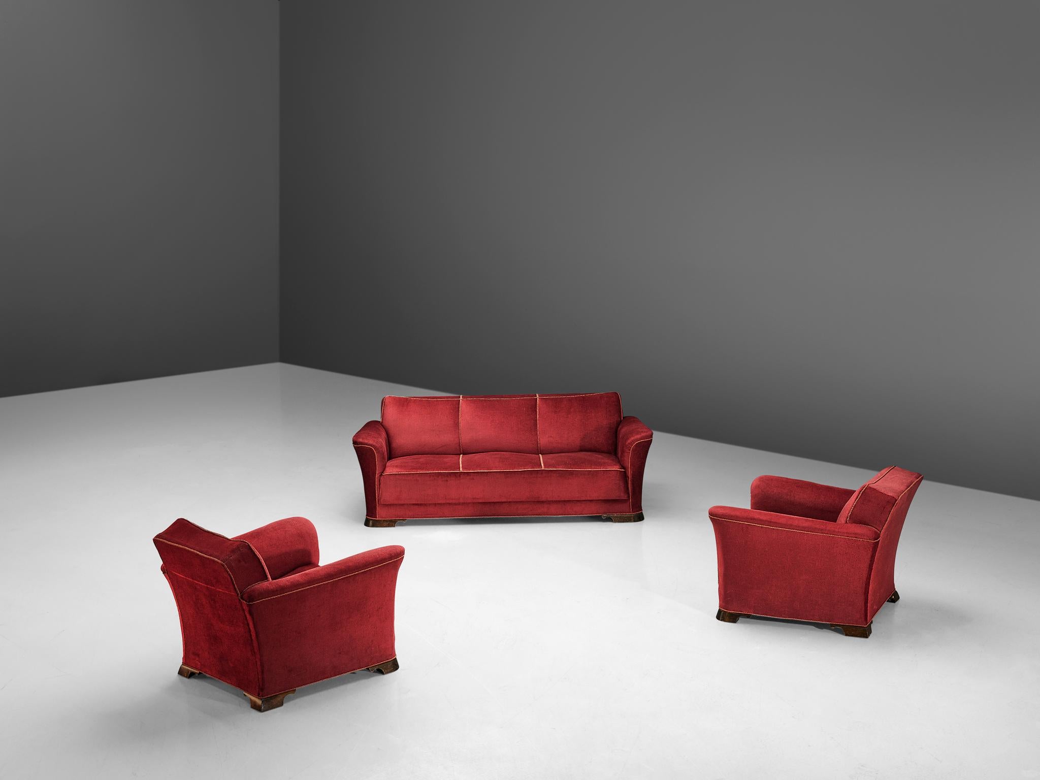 Danish Three-Seat Sofa in Red Velours, 1940s 4