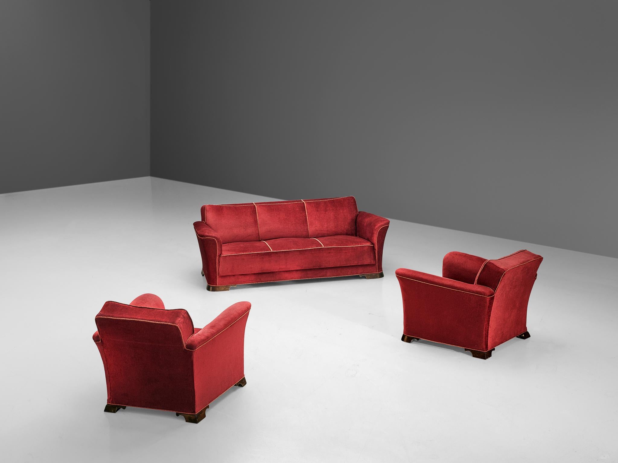 Danish Three-Seat Sofa in Red Velours, 1940s 5