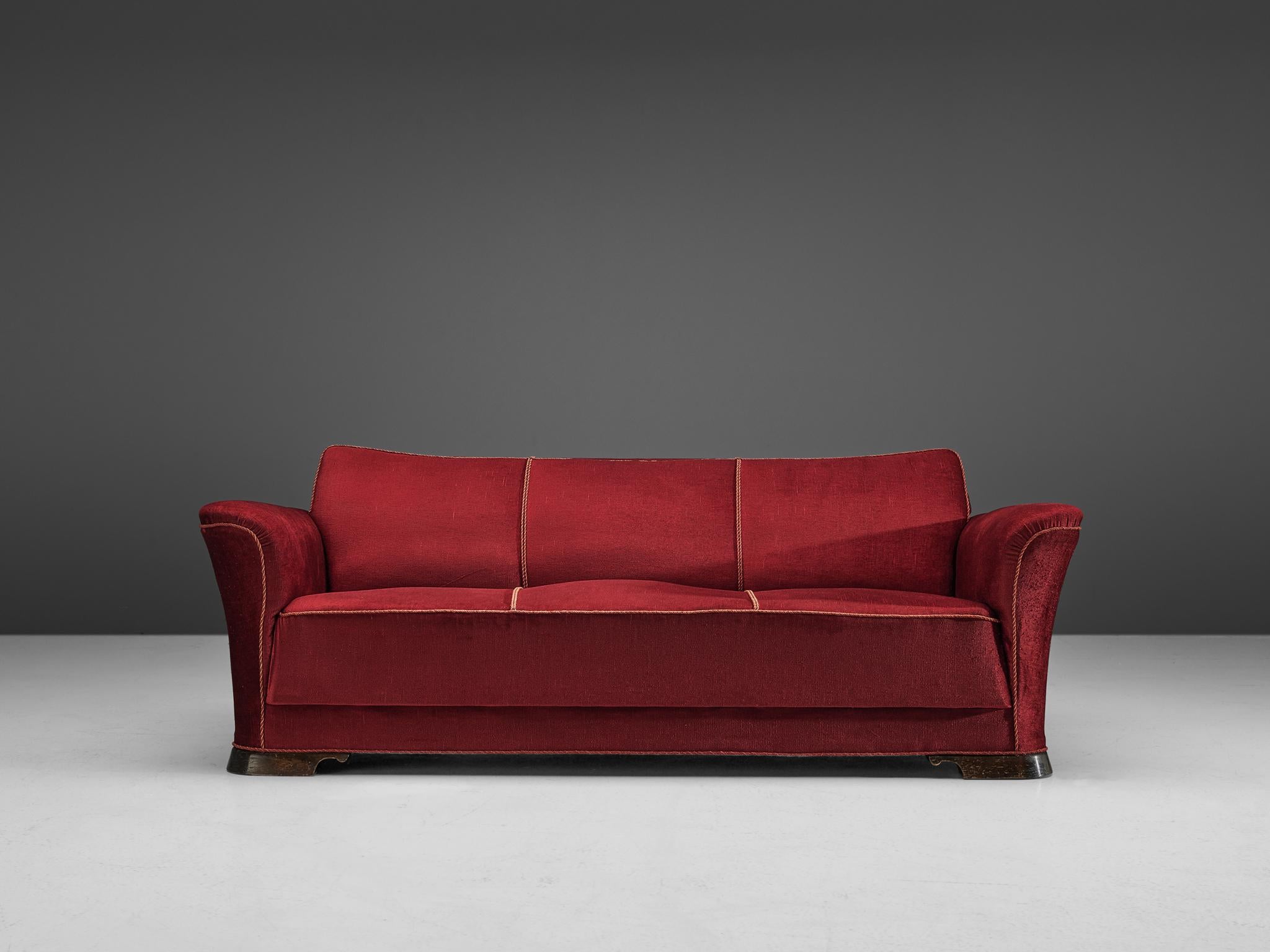 Art Deco Danish Three-Seat Sofa in Red Velours, 1940s