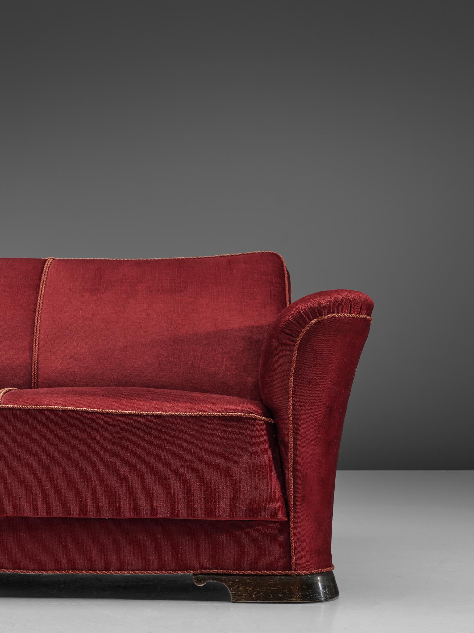 Mid-20th Century Danish Three-Seat Sofa in Red Velours, 1940s