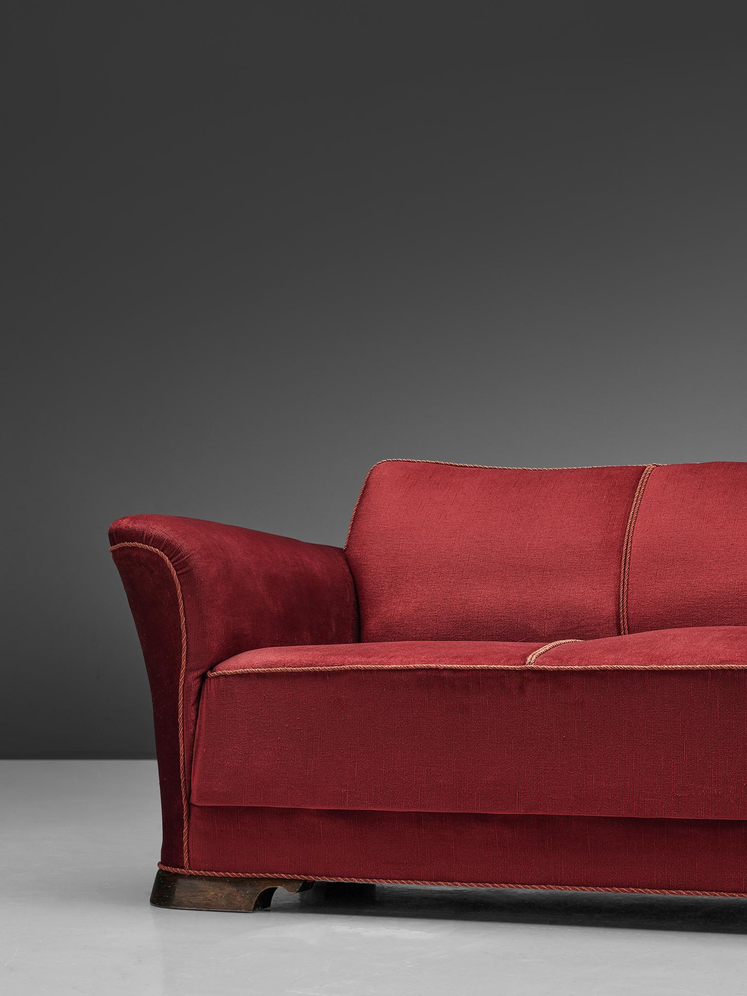Velvet Danish Three-Seat Sofa in Red Velours, 1940s