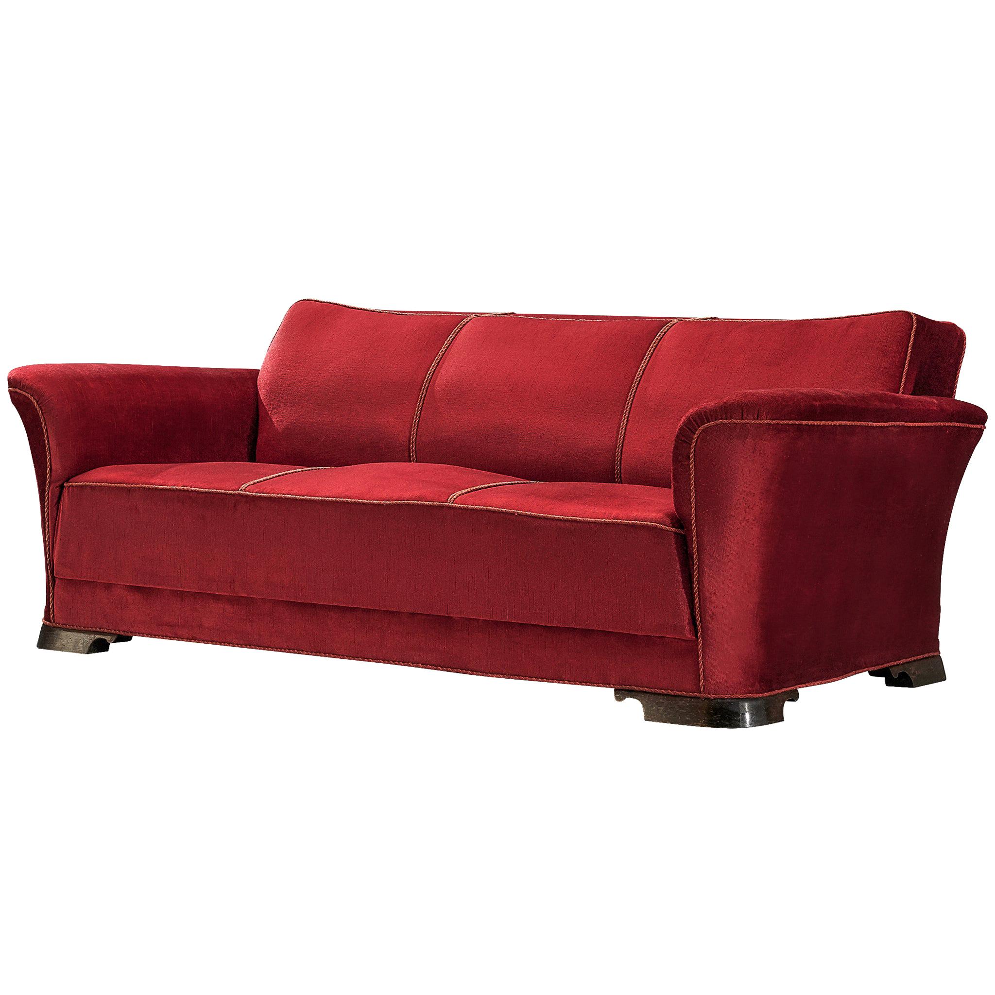 Danish Three-Seat Sofa in Red Velours, 1940s