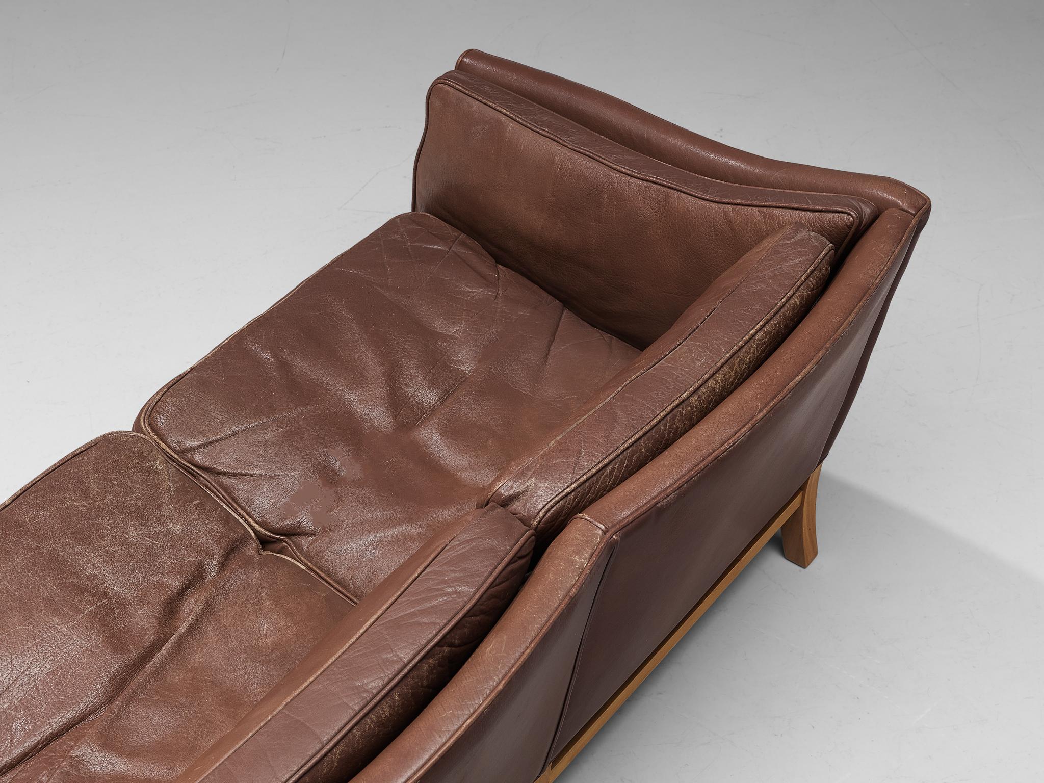 Scandinavian Modern Danish Three Seat Sofa in Umber Leather and Mahogany For Sale