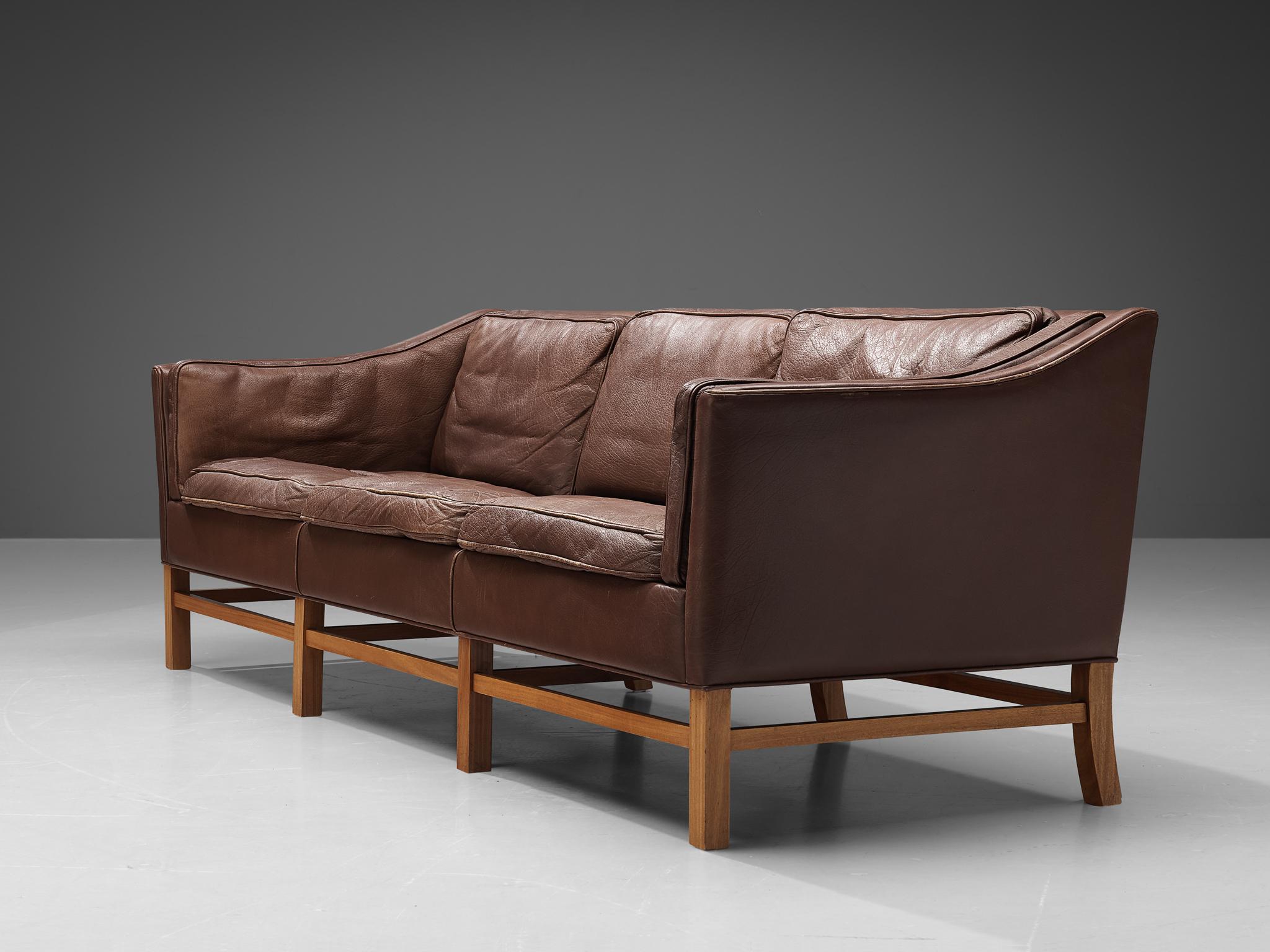Mid-20th Century Danish Three Seat Sofa in Umber Leather and Mahogany For Sale