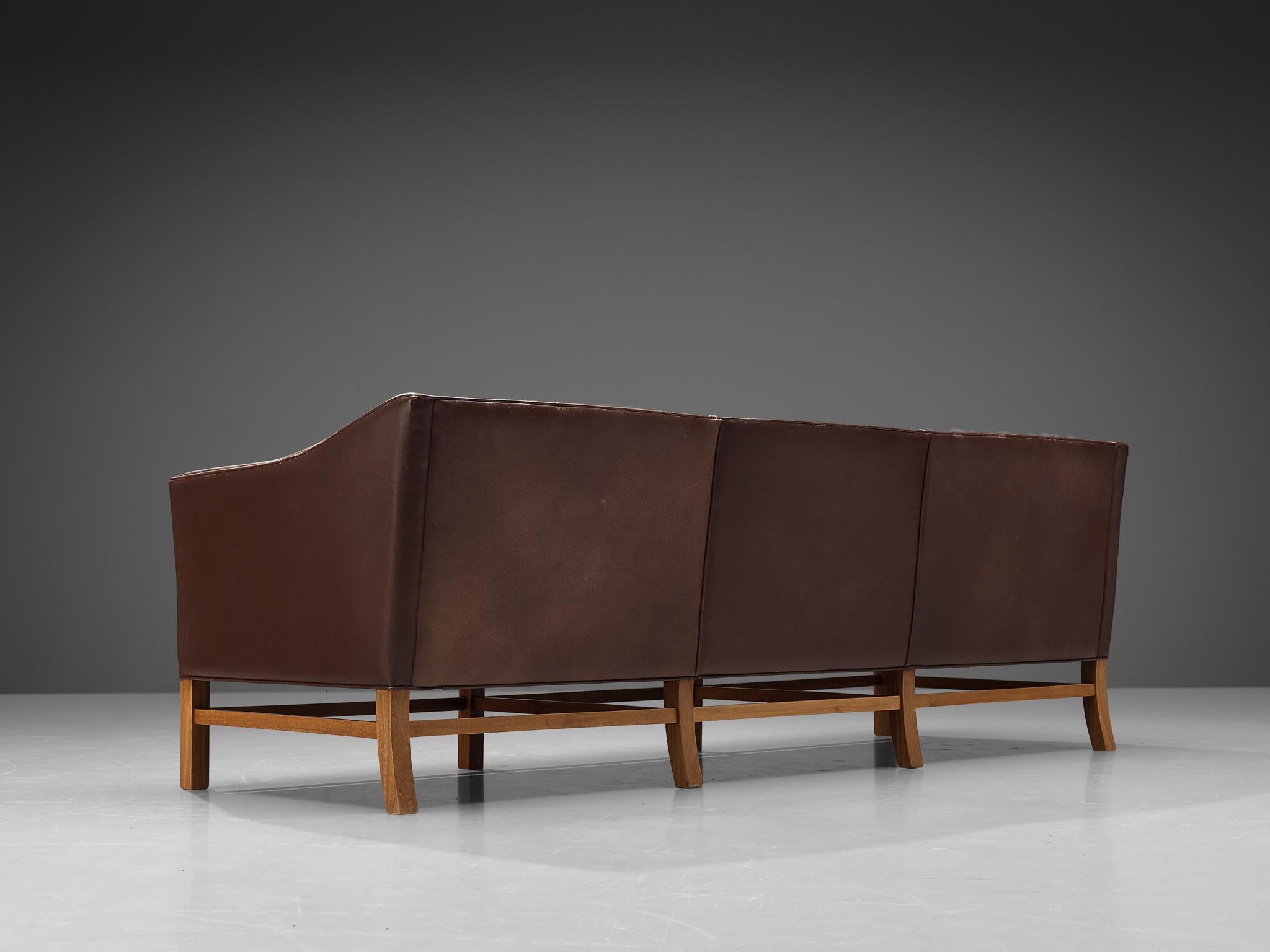 Danish Three Seat Sofa in Umber Leather and Mahogany For Sale 1