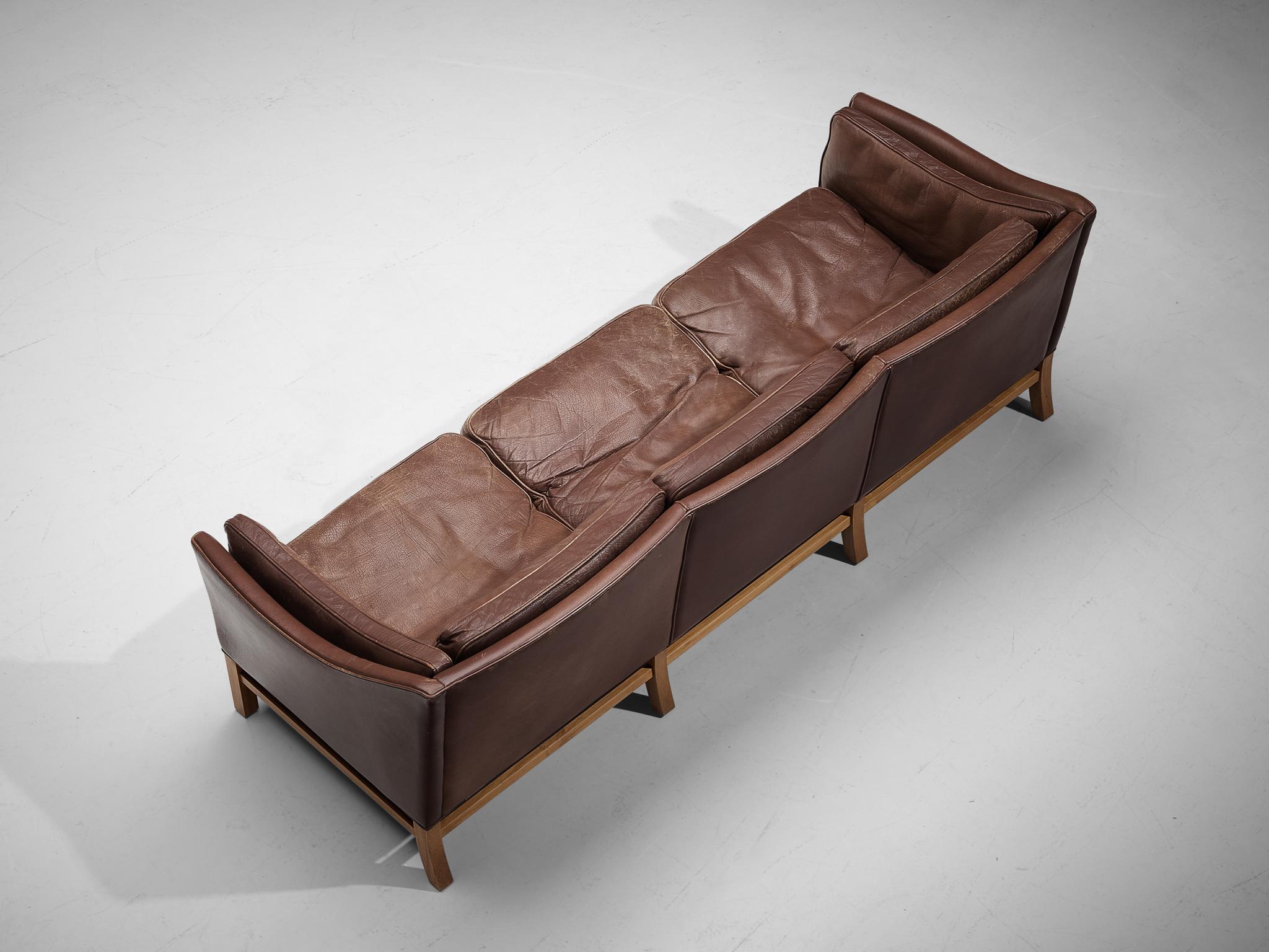 Danish Three Seat Sofa in Umber Leather and Mahogany For Sale 2