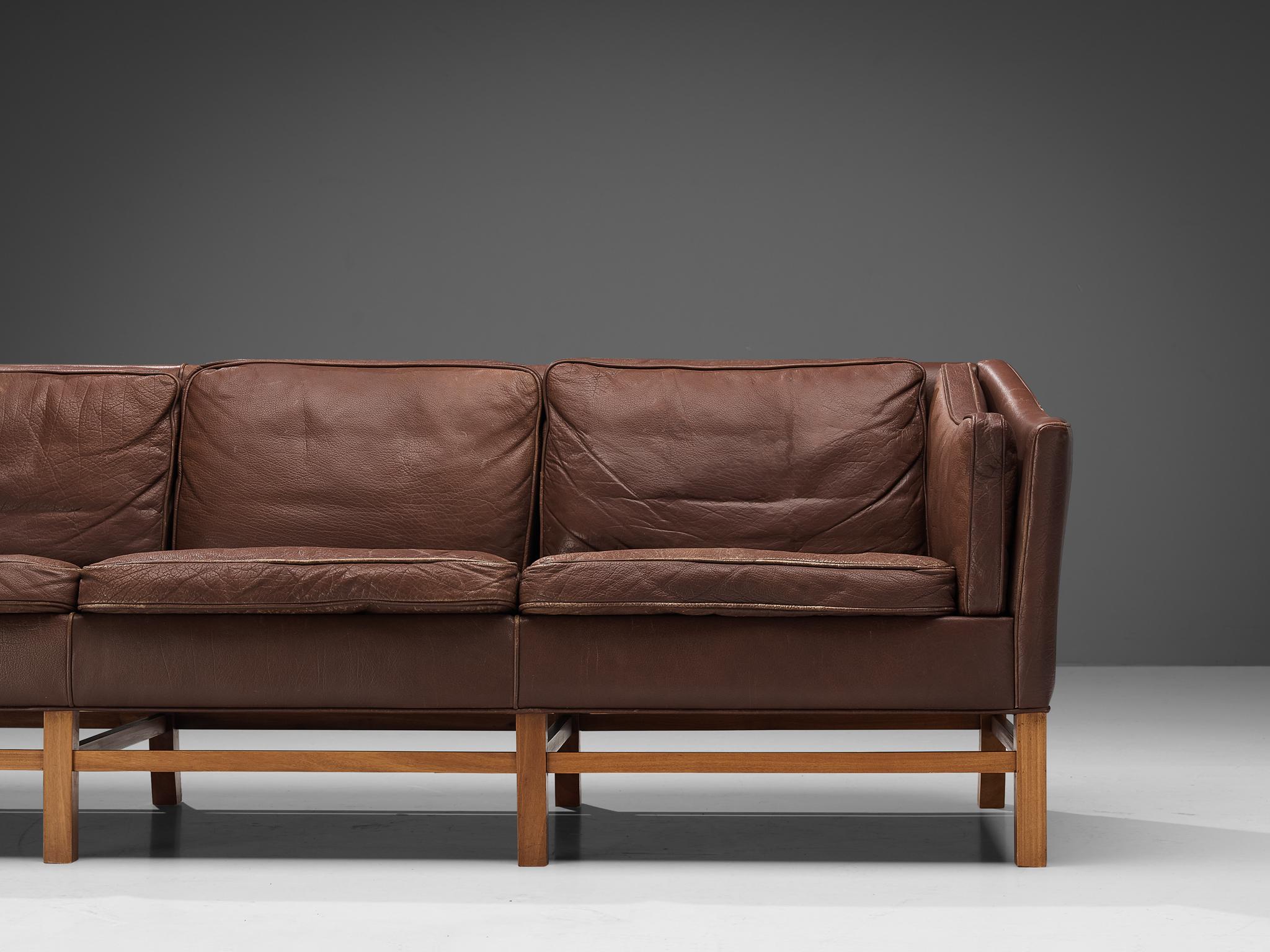 Danish Three Seat Sofa in Umber Leather and Mahogany For Sale 3