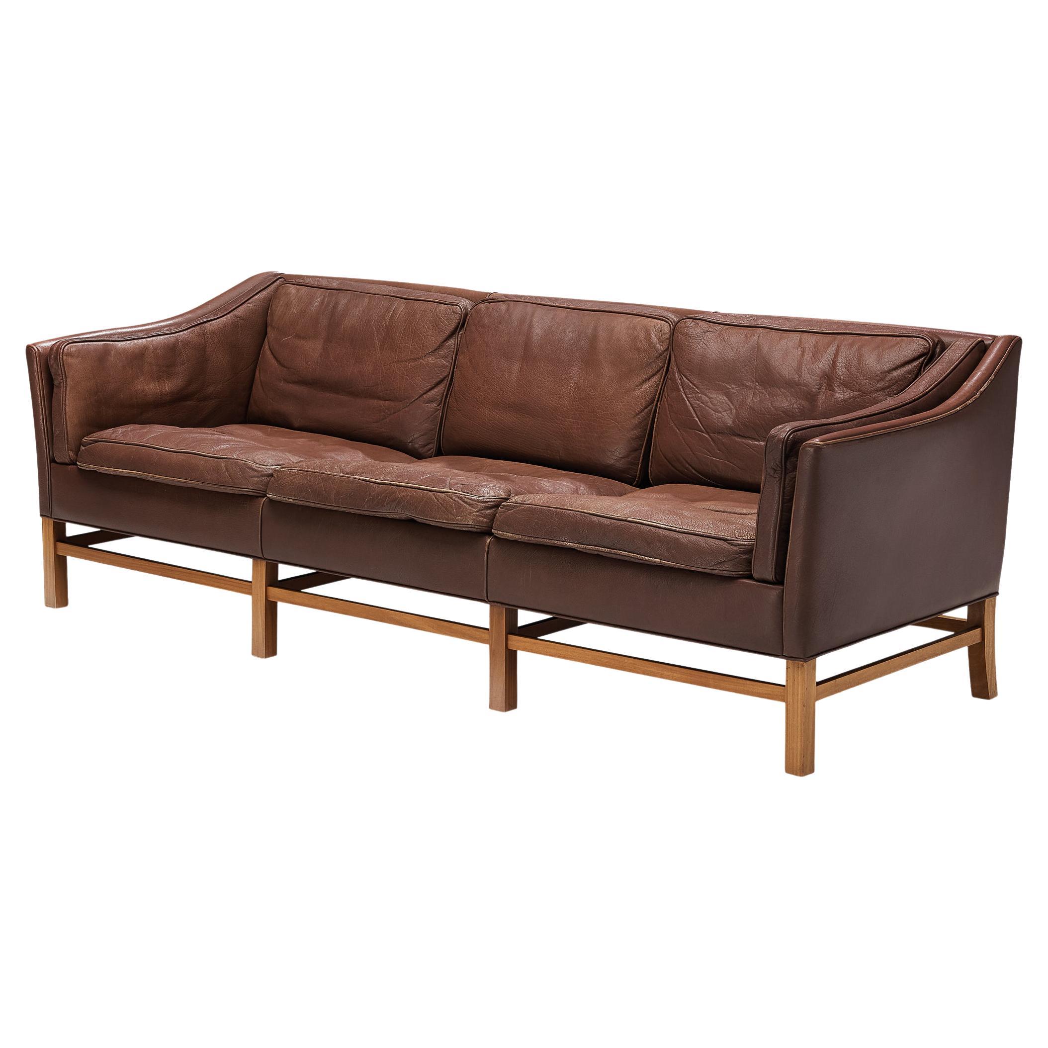 Danish Three Seat Sofa in Umber Leather and Mahogany For Sale