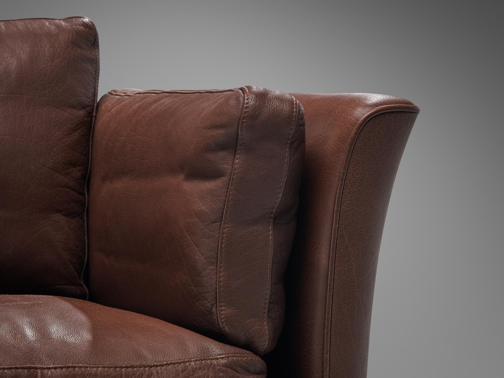 Scandinavian Modern Danish Three Seat Sofa in Umber Leather