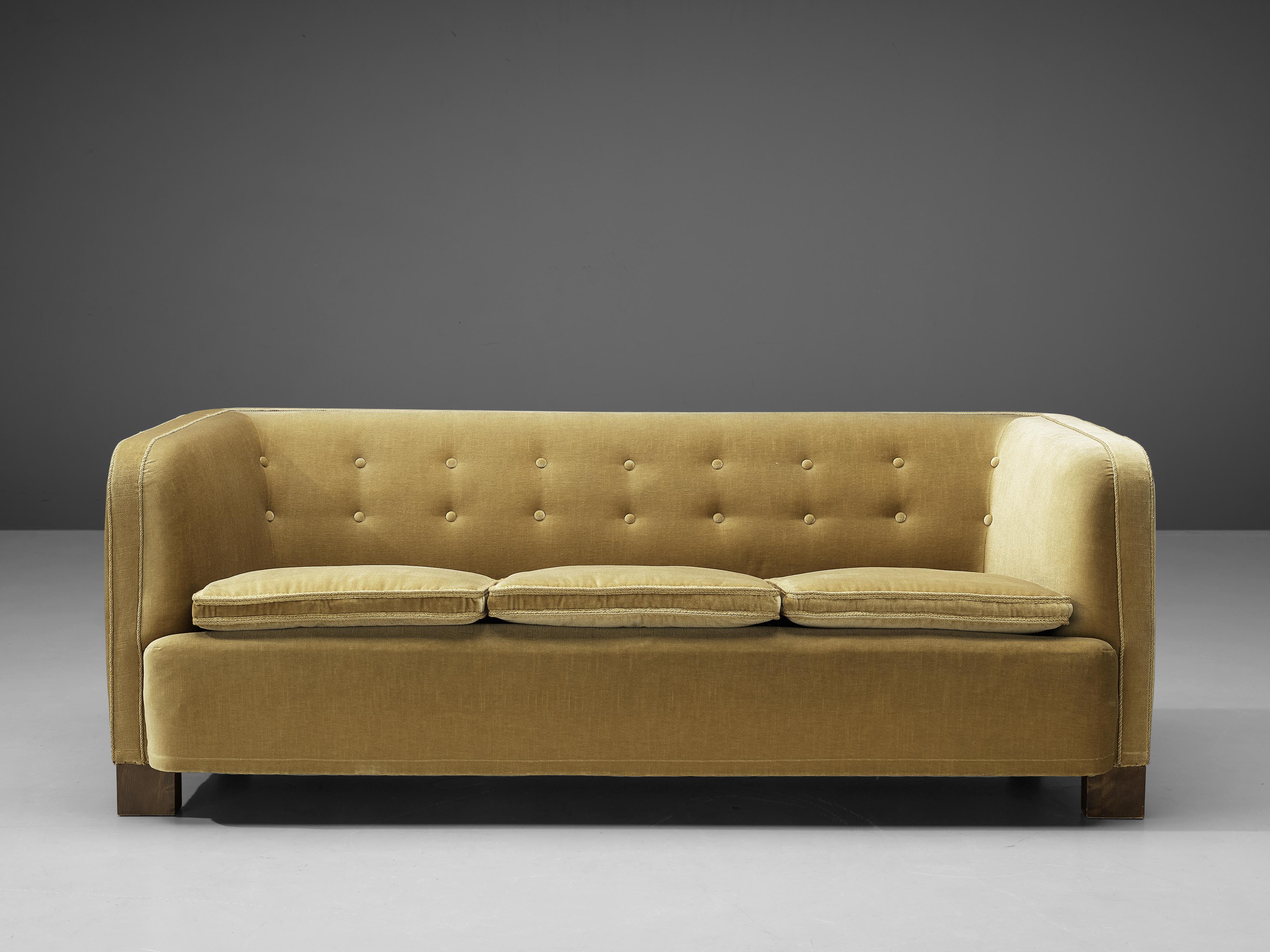 Scandinavian Modern Danish Three-Seat Sofa in Yellow Velvet