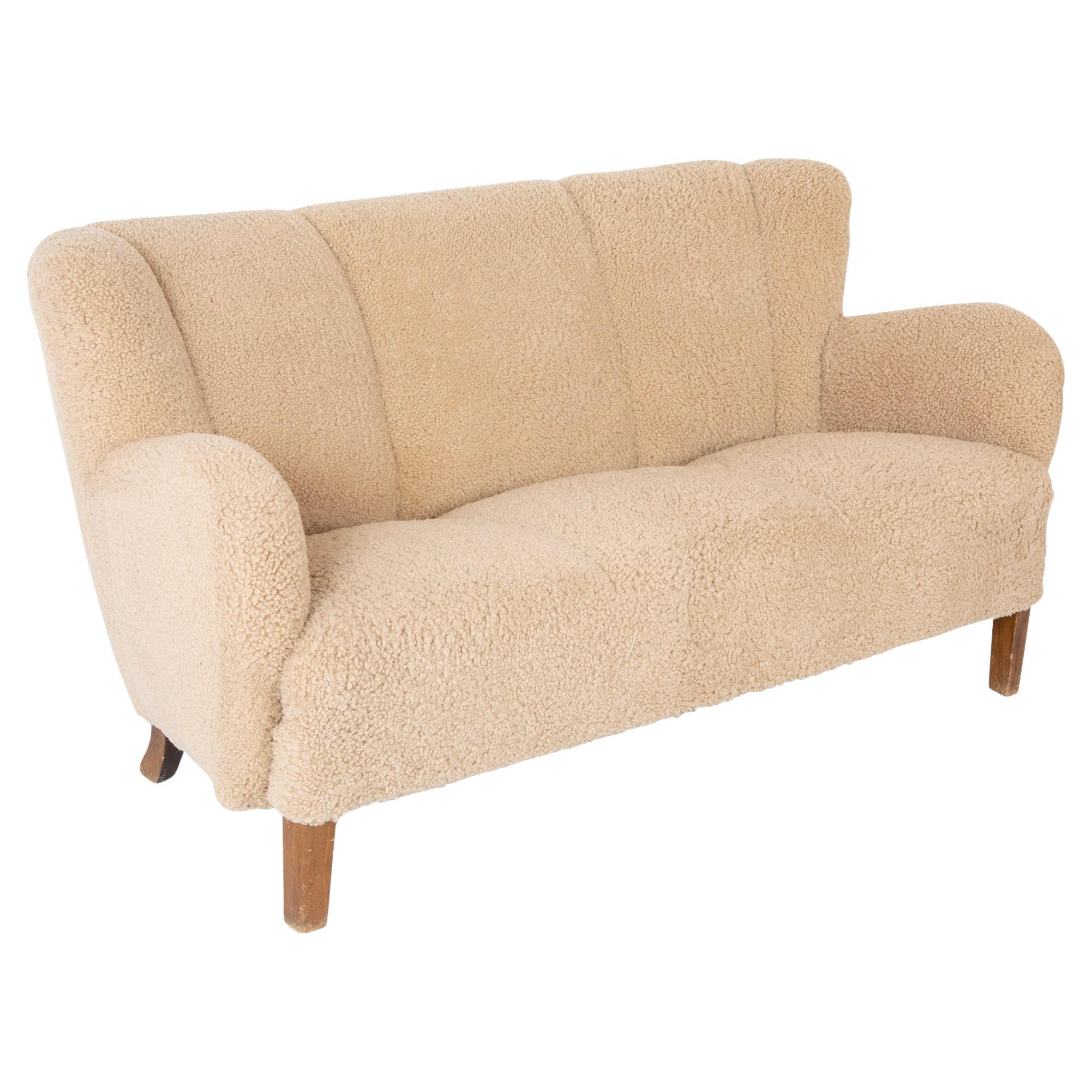 Danish Three Seat Sofa with Stained Beech Frame & Lambswool Upholstery