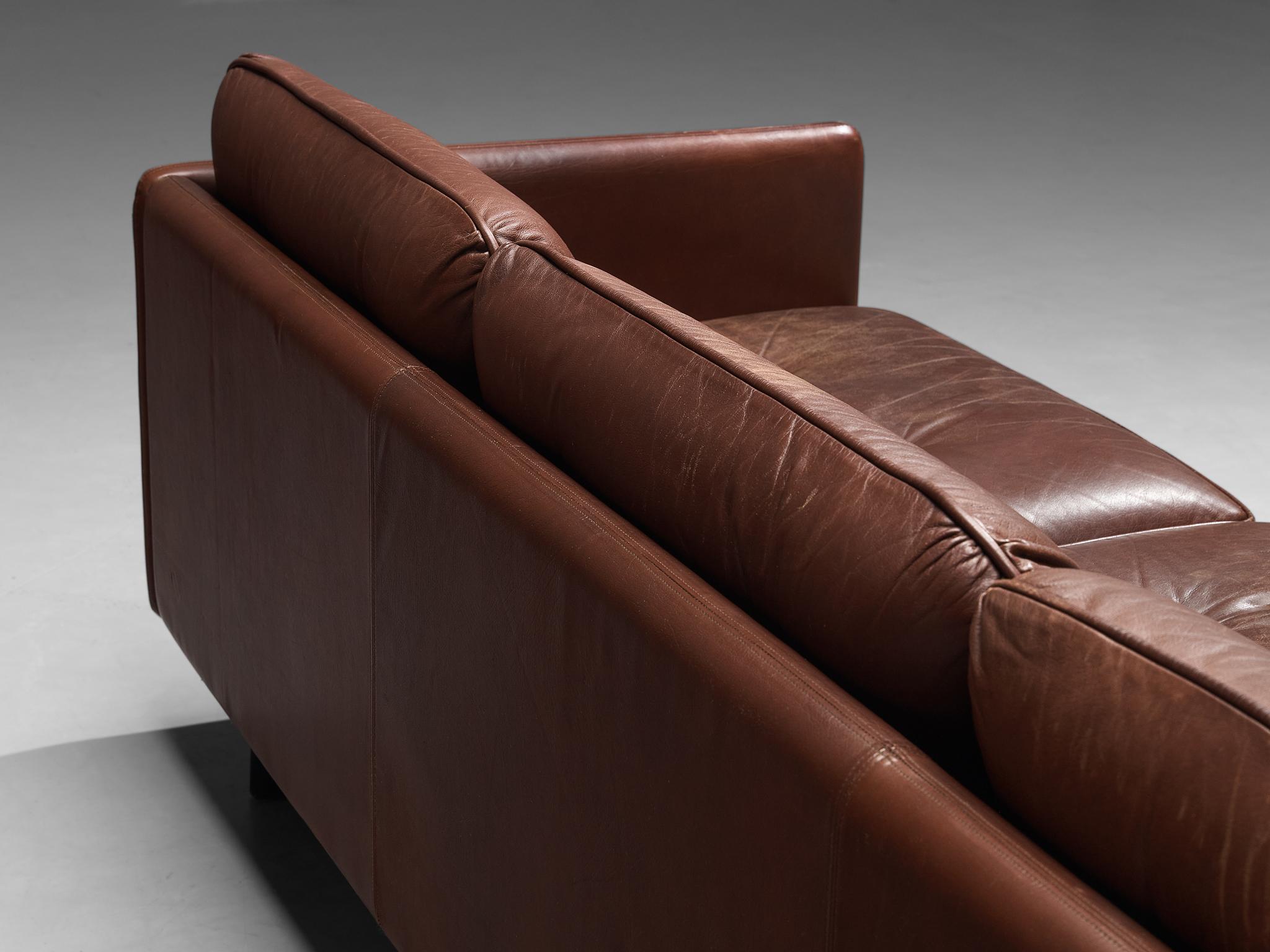 Scandinavian Danish Three Seater Sofa in Chestnut Brown Leather Upholstery