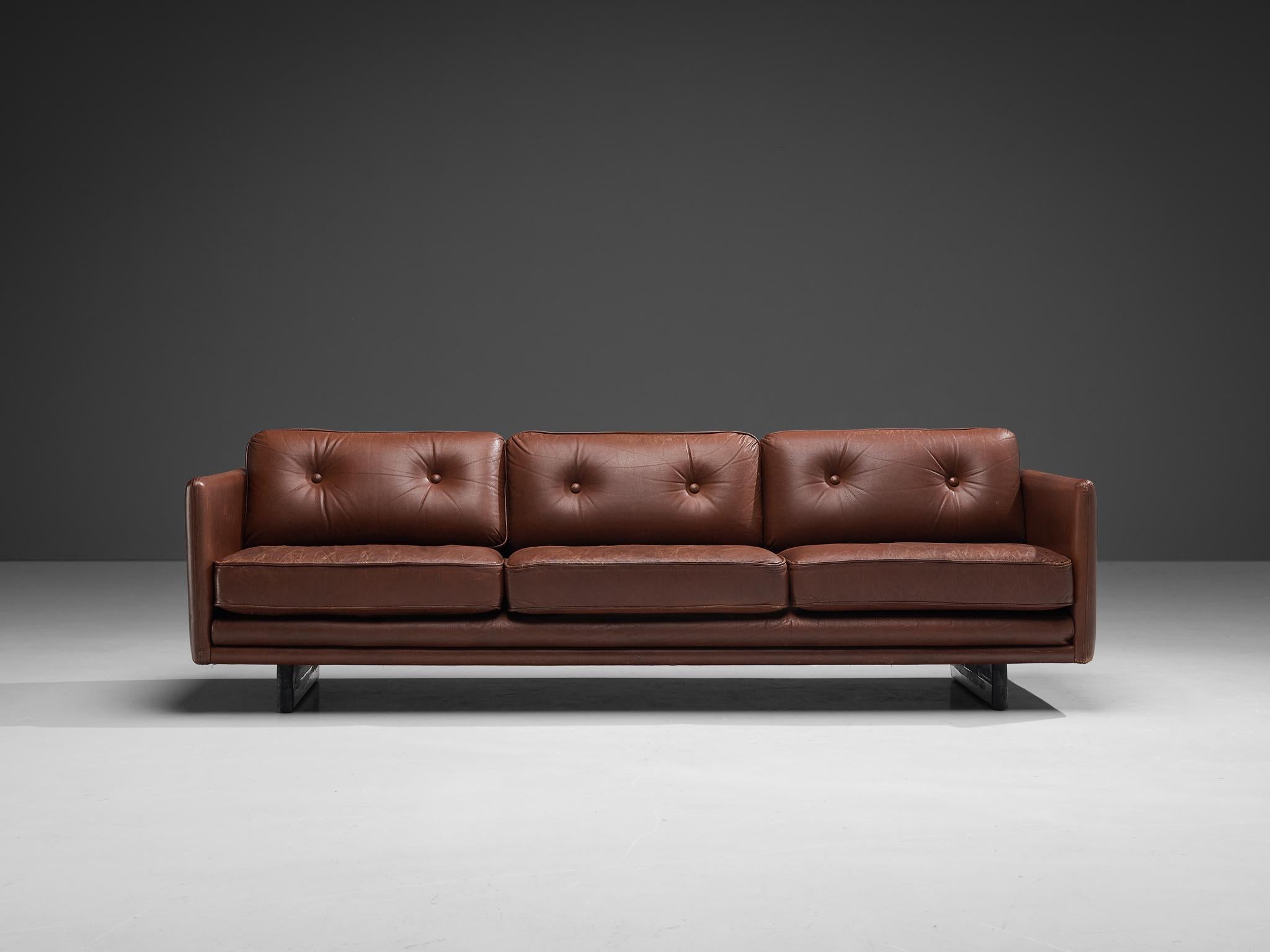 Danish Three Seater Sofa in Chestnut Brown Leather Upholstery In Good Condition In Waalwijk, NL