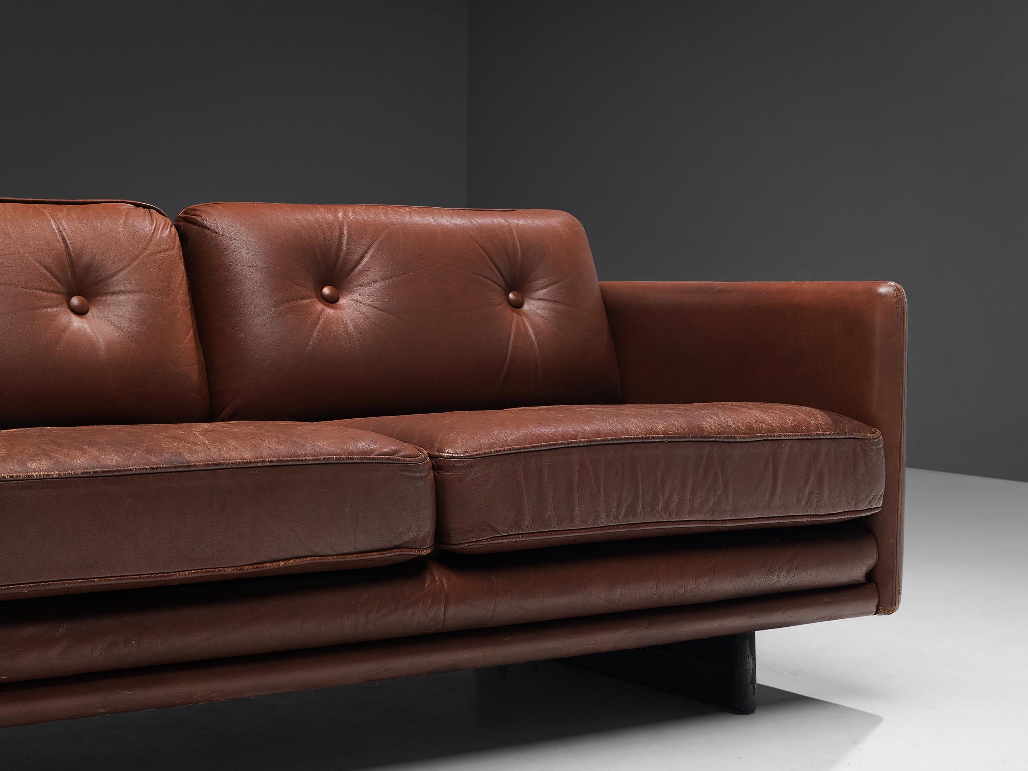 Mid-20th Century Danish Three Seater Sofa in Chestnut Brown Leather Upholstery