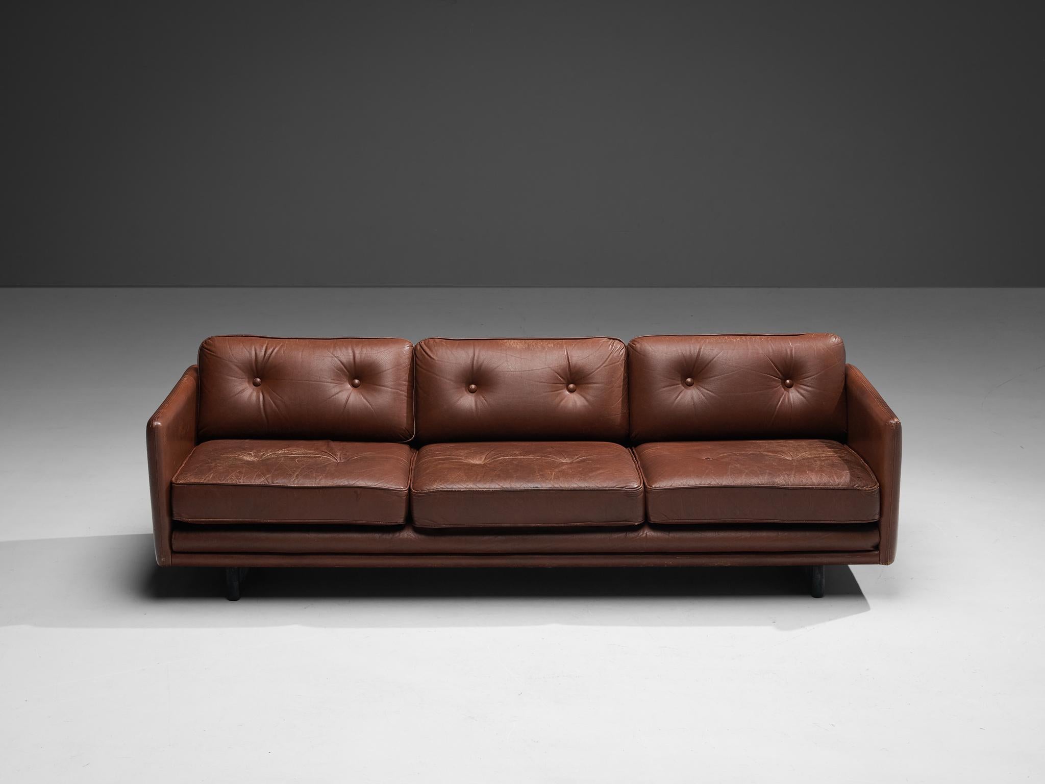 Danish Three Seater Sofa in Chestnut Brown Leather Upholstery 3